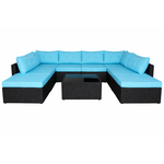 CONCEPT USINE Salon de jardin 8 places en résine tressée noir et bleu YANUCA