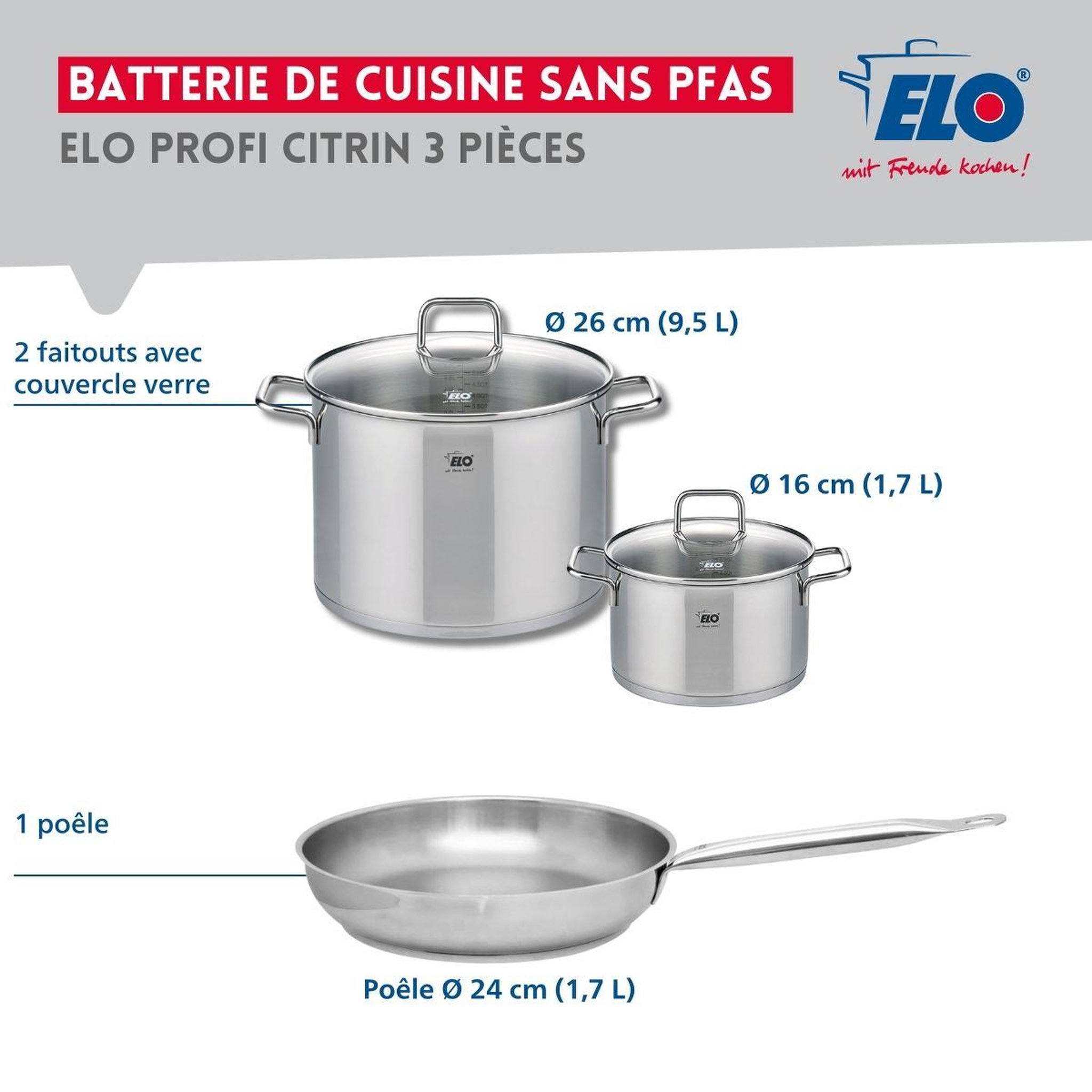 Voir la diapositive 2 : ELO Ensemble de 1 poêle de cuisson 24 cm et 2 faitouts 16 et 26 cm elo profi citrin
