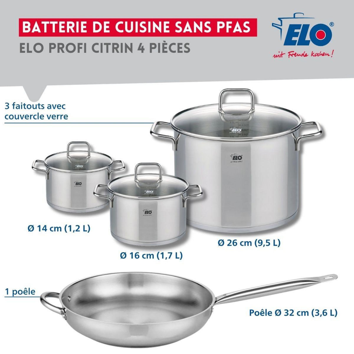 666 Barcelona Set de 1 Poêle de cuisson 32 cm et 3 faitouts 14, 16 et 26 cm Elo Profi Citrin