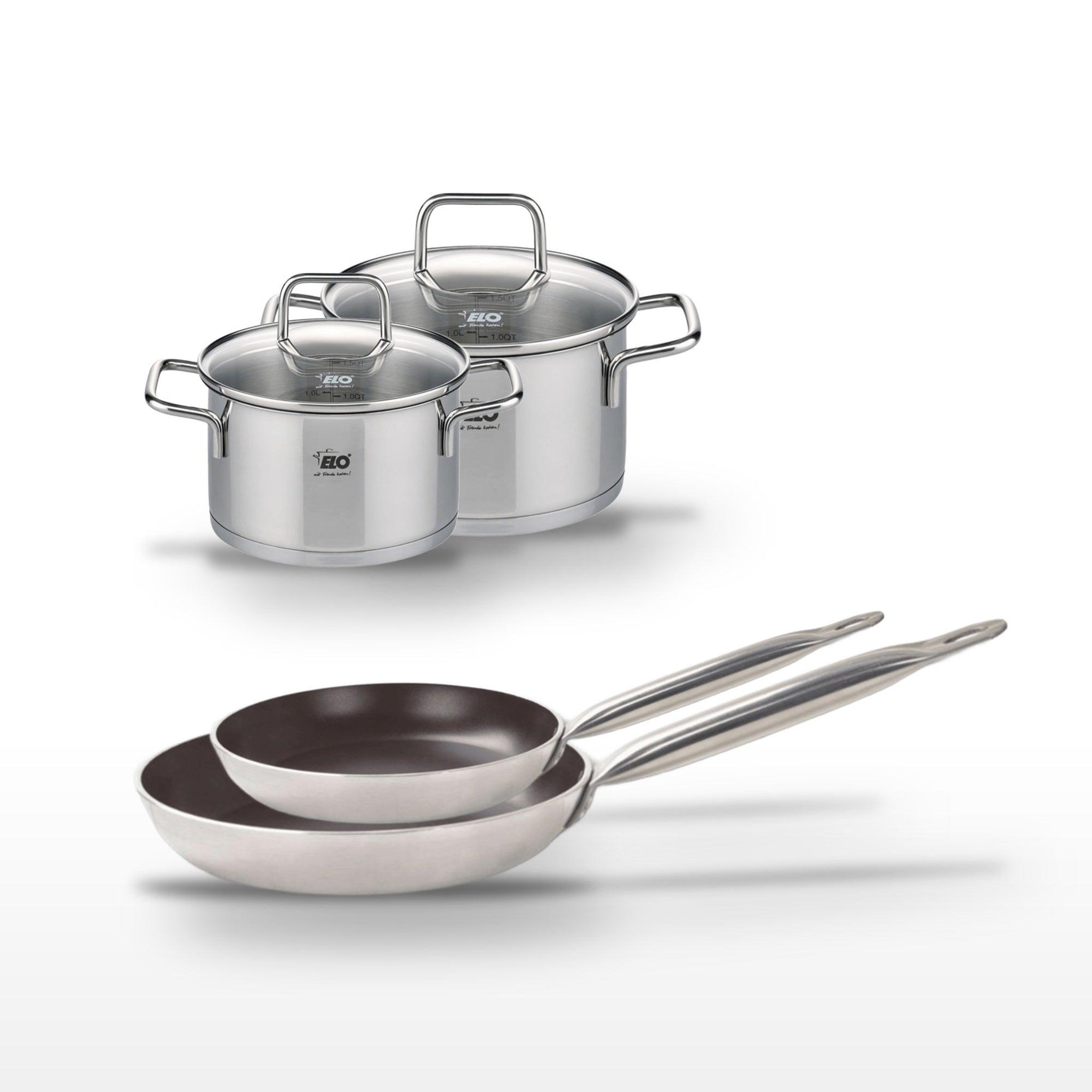 ELO Lot 2 poêles 24/28 cm avec revêtement céramique sans pfas &  2 faitouts 12/14 cm elo bistro line citrin