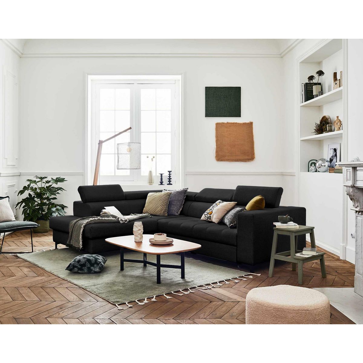 LISA DESIGN Olinda - canapé d'angle gauche - 5 places - convertible avec coffre et têtières réglables - en tissu