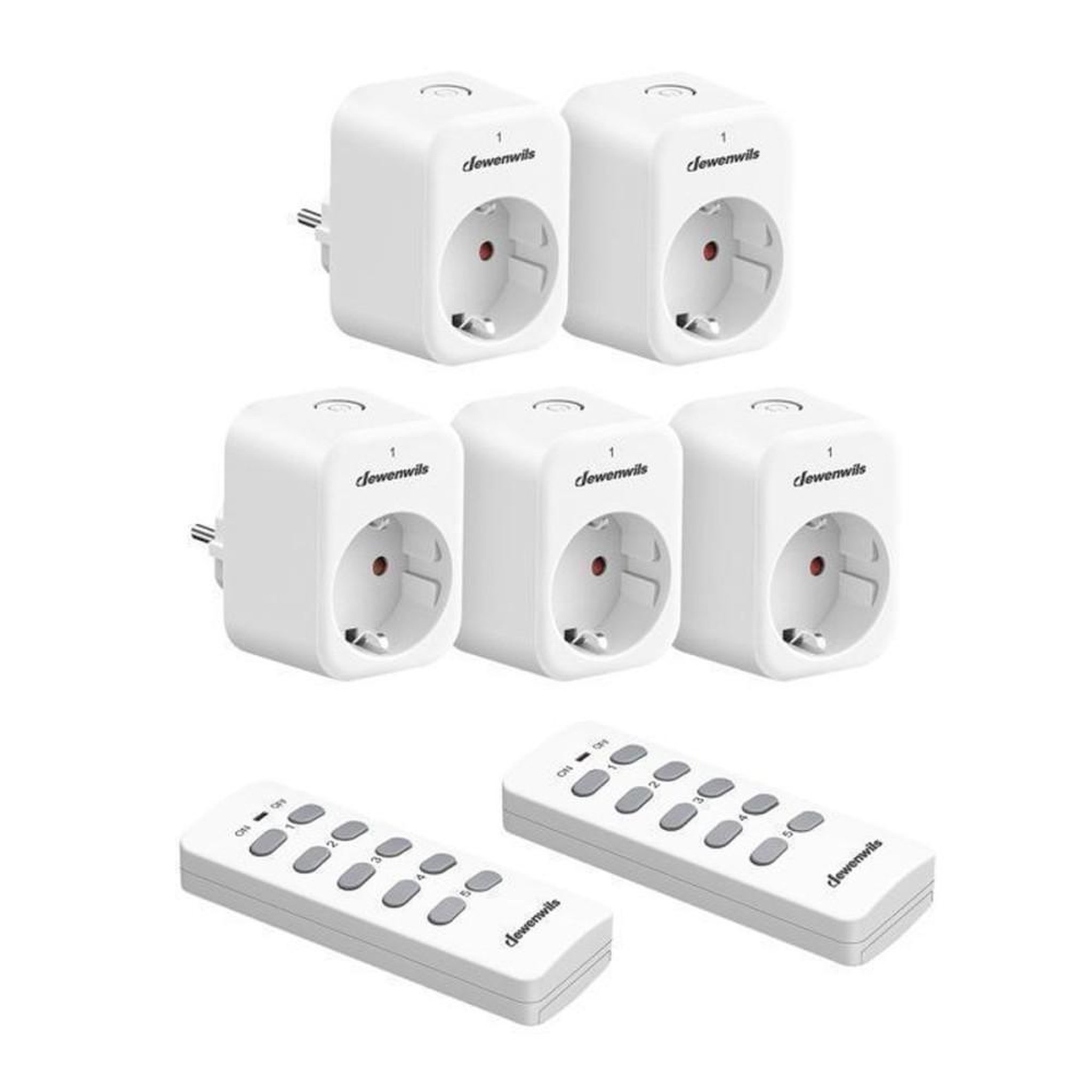Kit prises connectées RF : 5 sorties type E/F + 2 télécommandes, 2300 W, portée 30 m, blanc