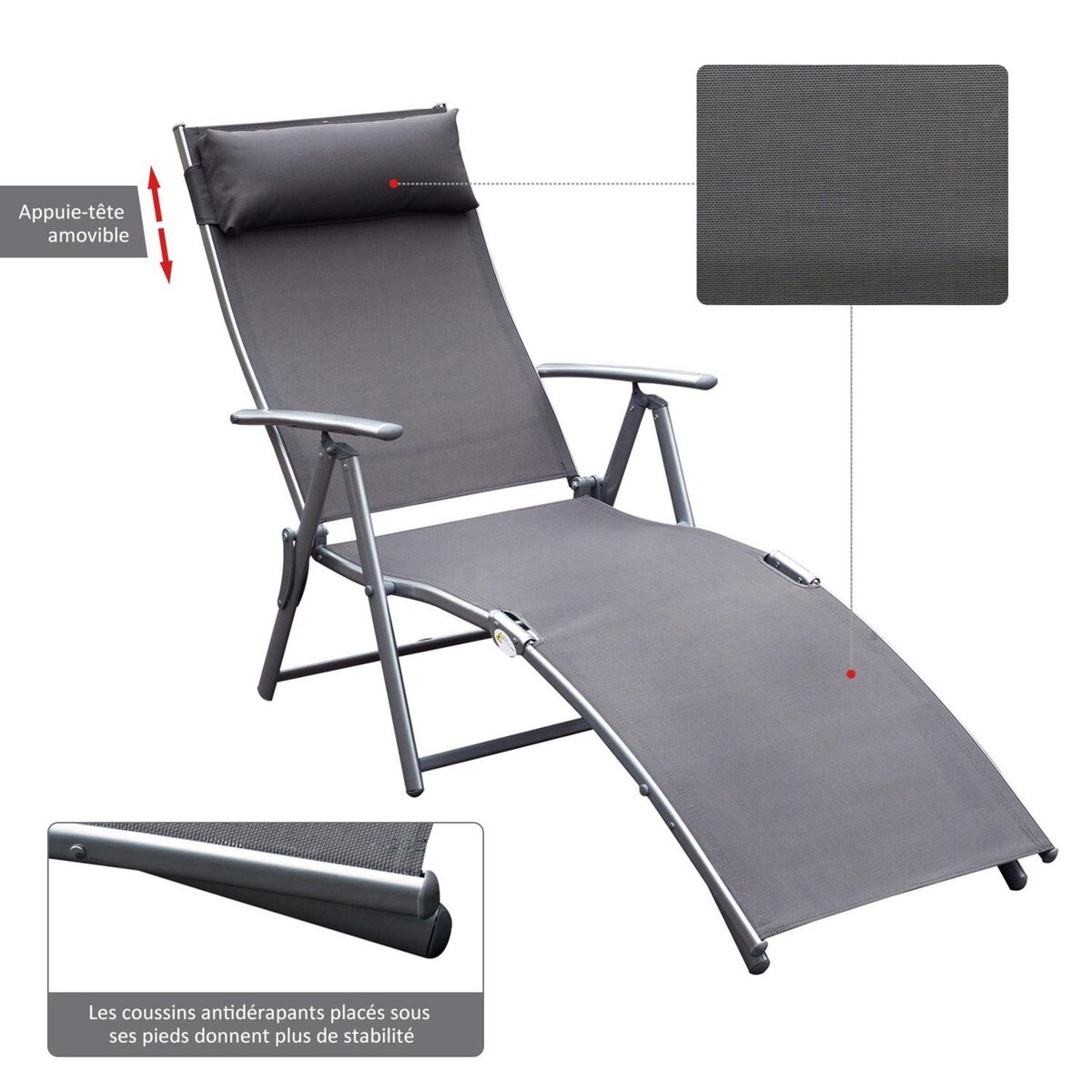 OUTSUNNY Outsunny transat chaise longue bain de soleil pliable dossier inclinable multi-positions têtière fournie 137L x 64l x 101H cm métal époxy textilène gris