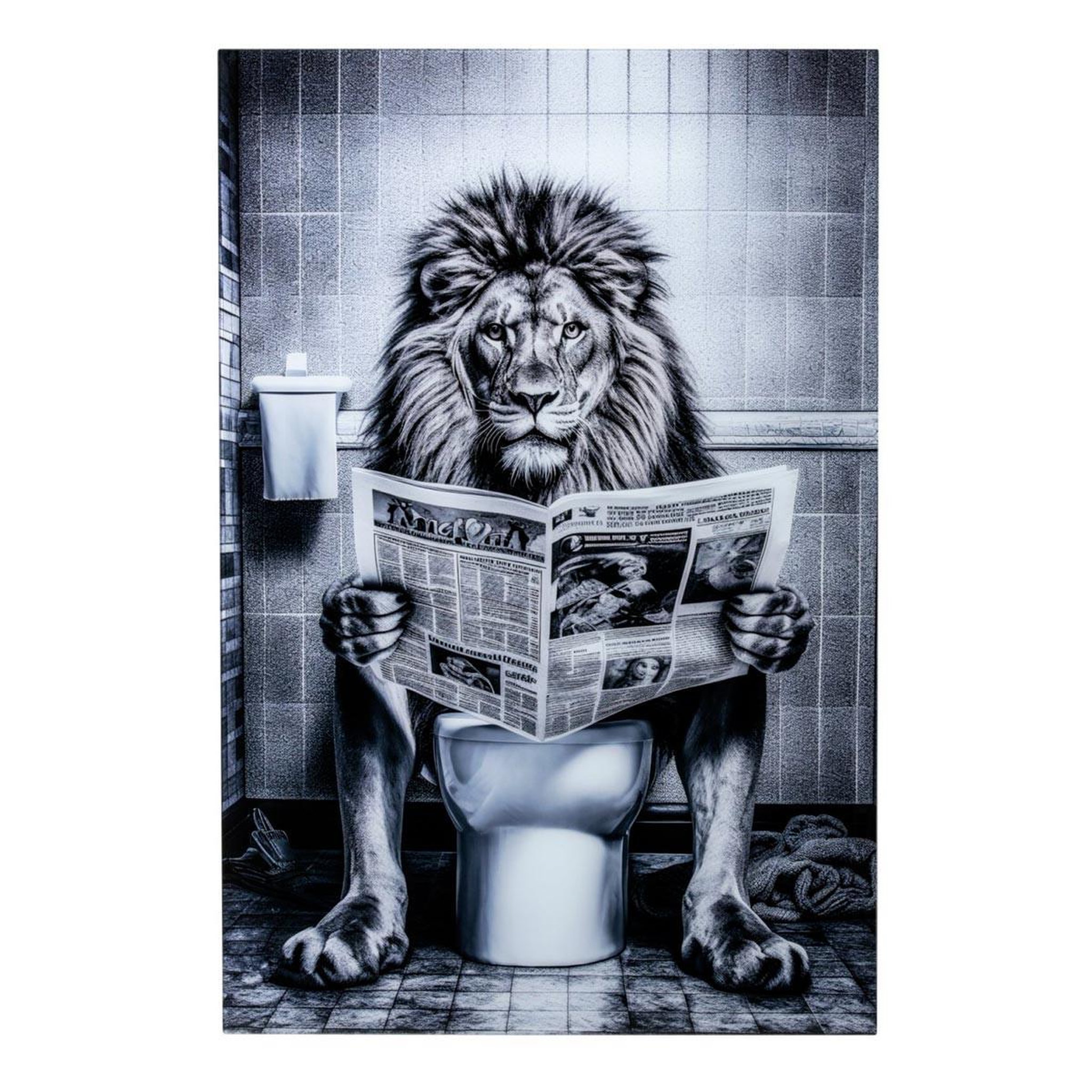 J-LINE Tableau déco en verre  lion  80x120cm noir & blanc