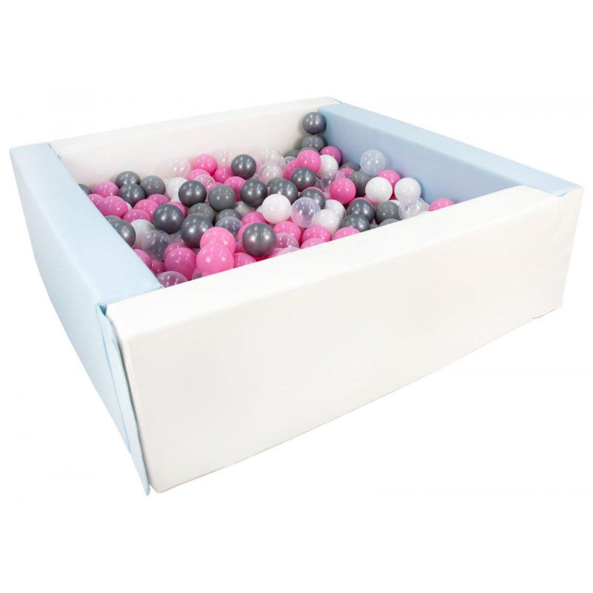 VELINDA Piscine à balles carrée avec 300 balles - blanc, bleu p/blanc, transparent, rose clair, gris, argent