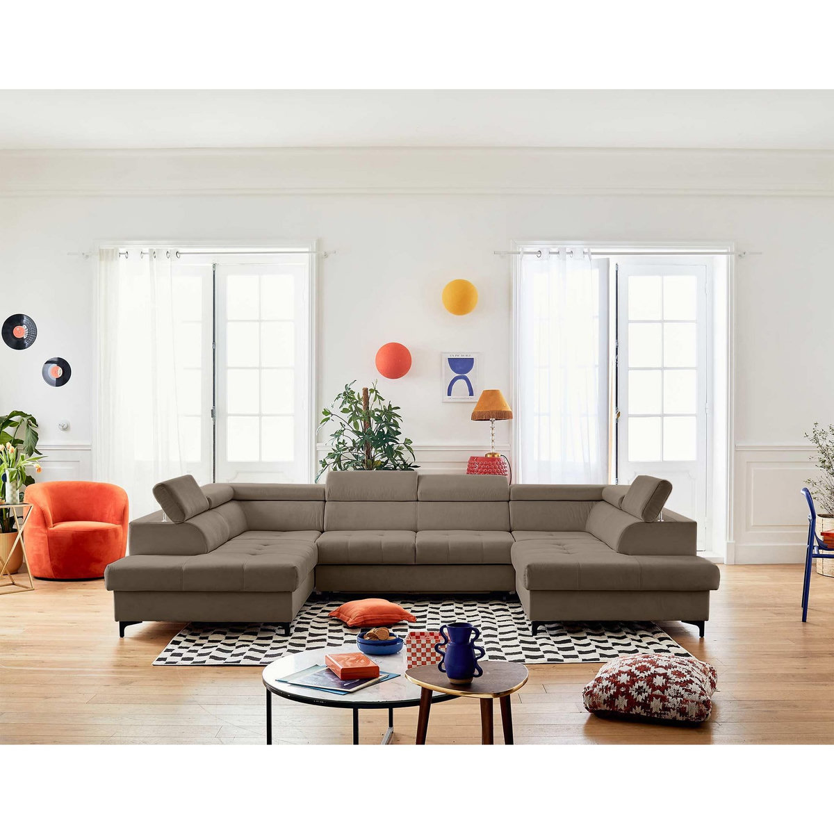 LISA DESIGN Merida - canapé panoramique en u - 7 places - convertible avec coffres et têtières réglables - en velours