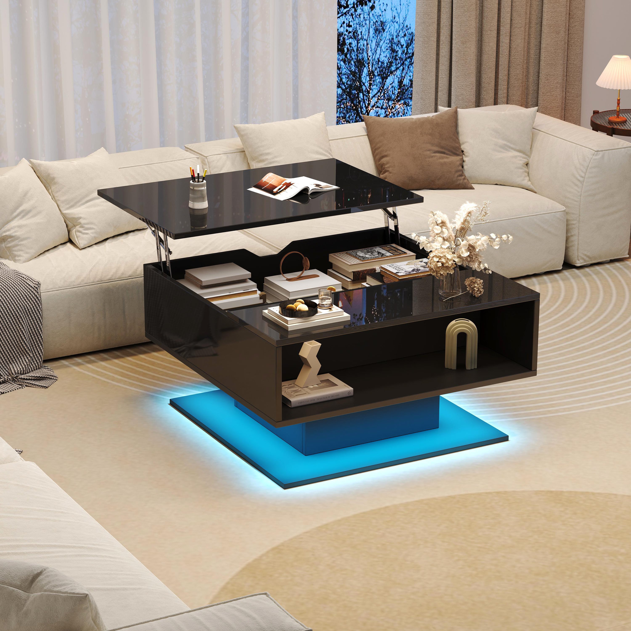 Voir la diapositive 2 : MERAX Table basse relevable rectangulaire noir - 77x80 cm led panneau de particules
