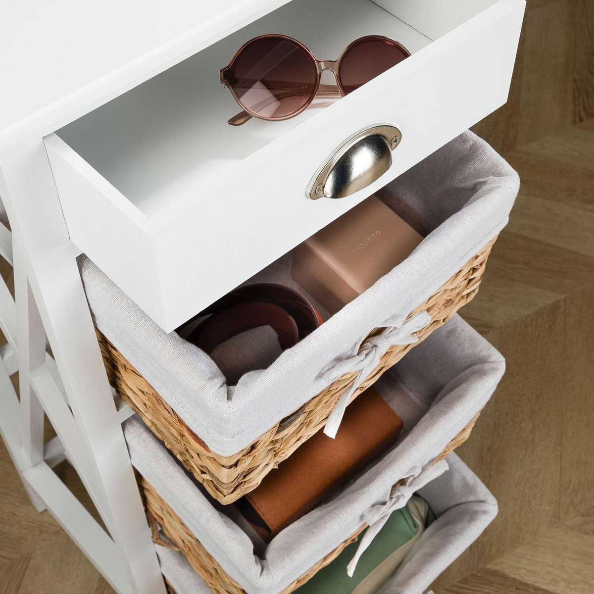 IDIMEX Table de chevet NUSCO avec 1 tiroir et 3 paniers, en bois lasuré