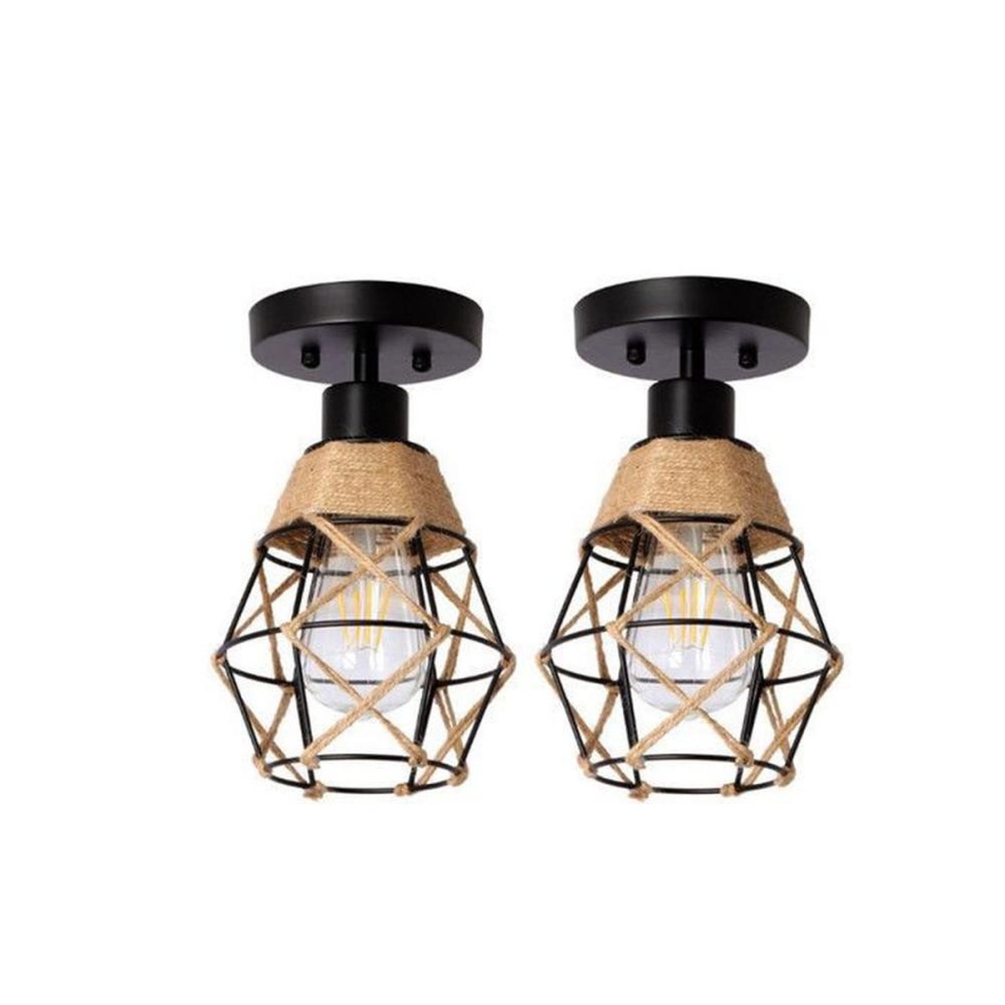 Plafonnier en cage carrée noir en fer et corde de jute lot de 2 E27, abat-jour tressé Ø 15 cm hauteur 18 cm, 40 W max (LED recommandé)