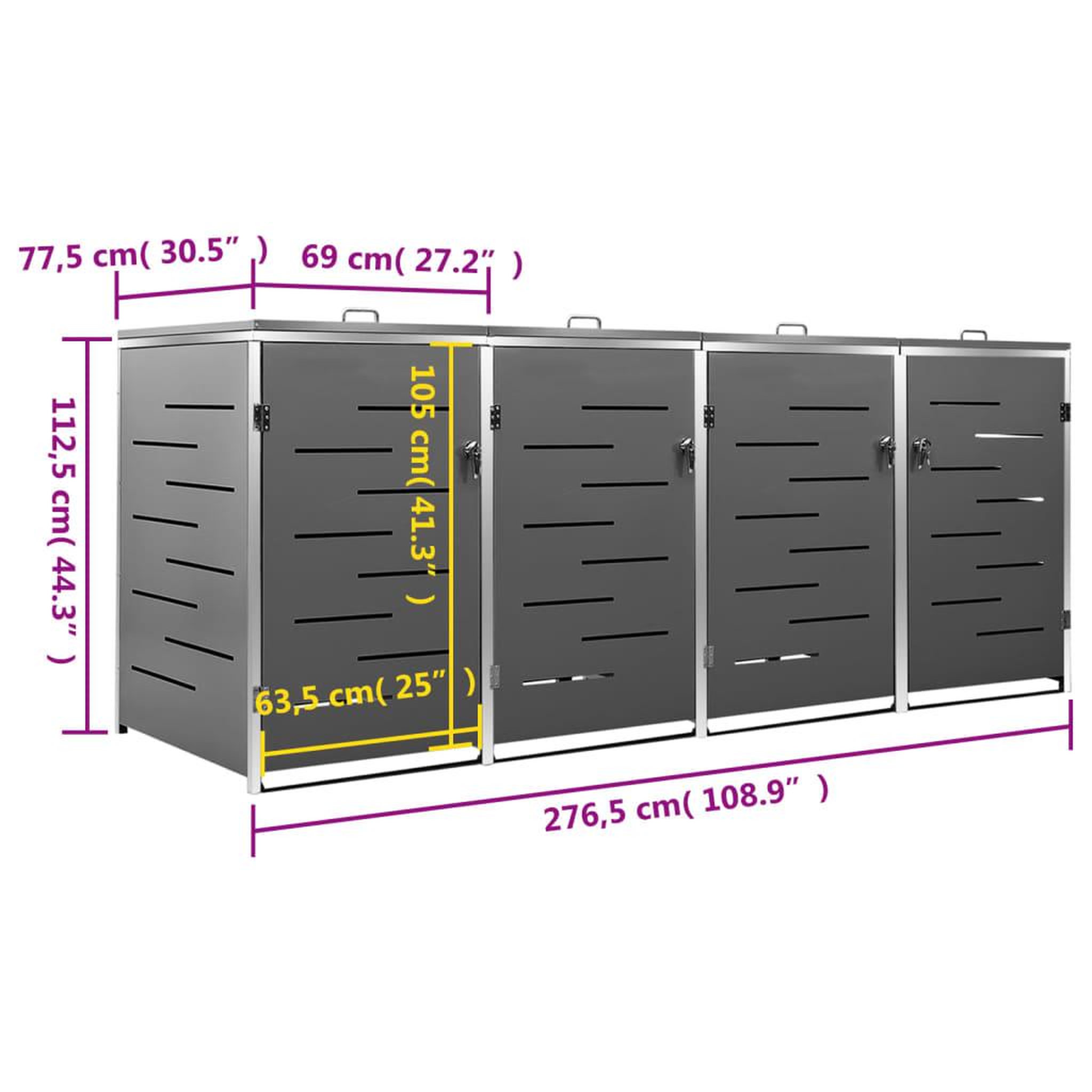 Voir la diapositive 6 : VIDAXL Abri pour quatre poubelles 276,5x77,5x112,5 cm Inox