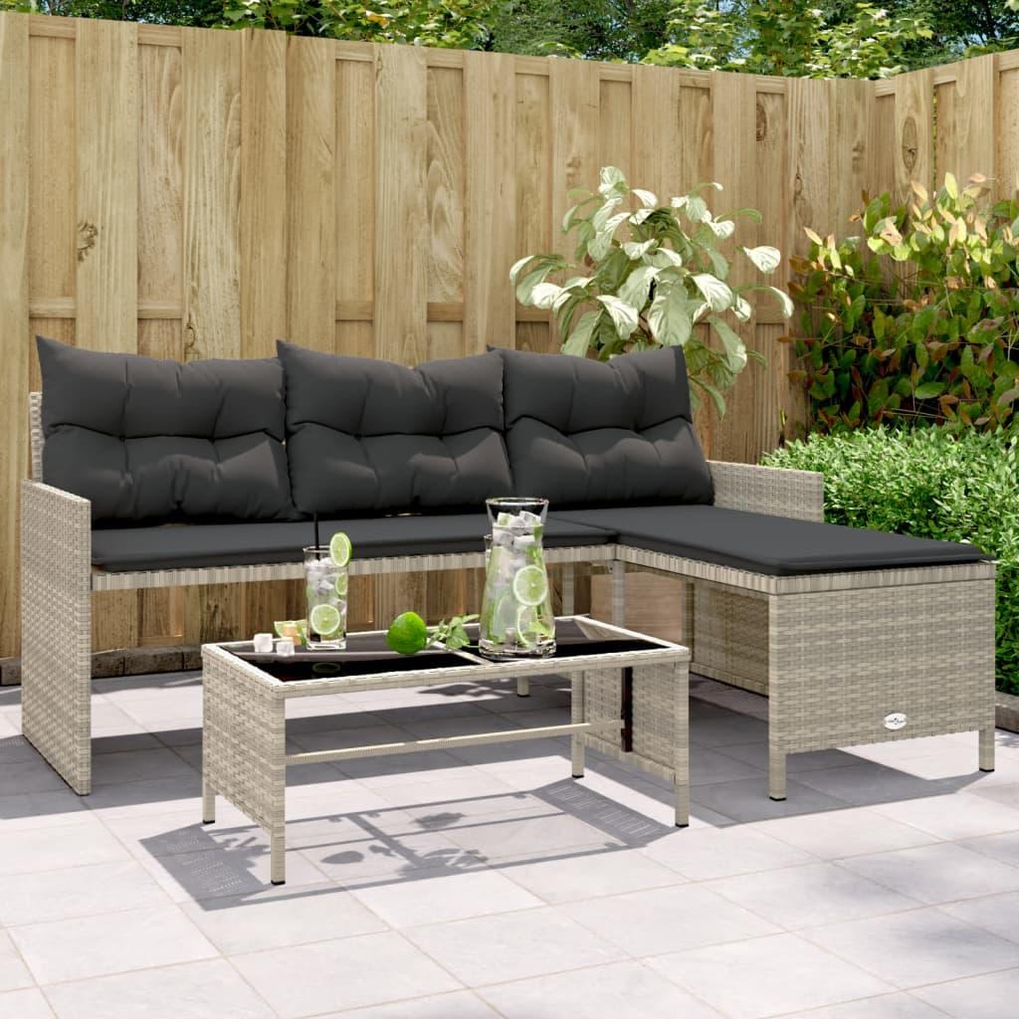 VIDAXL Canape de jardin et table et coussins en forme de L gris clair