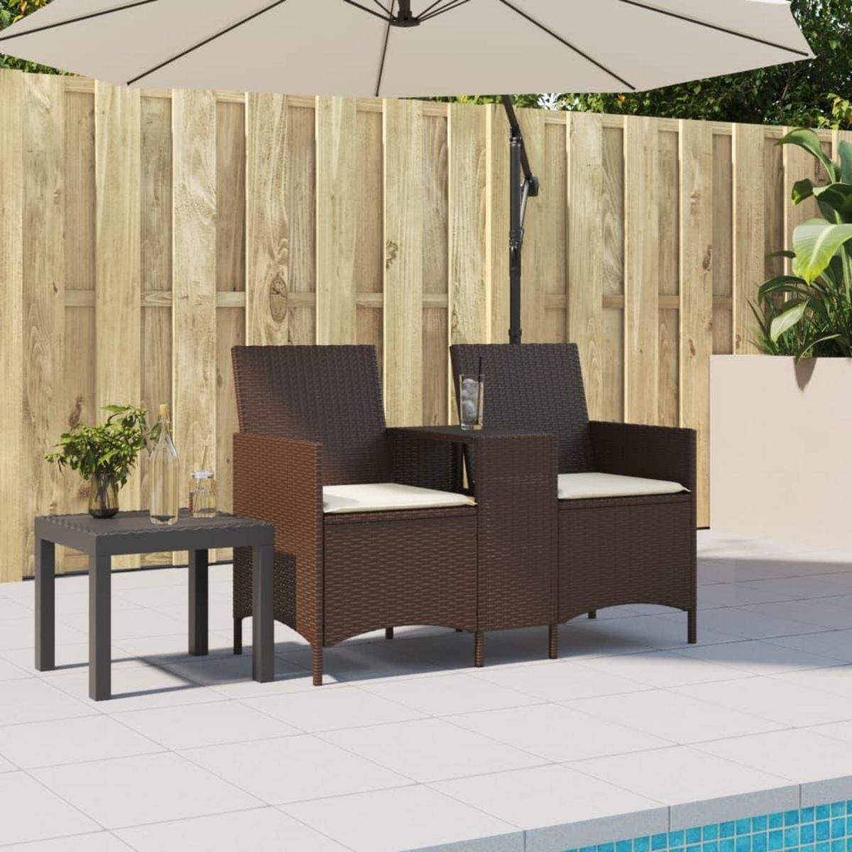 VIDAXL Canape de jardin 2 places avec table et coussins resine tressee