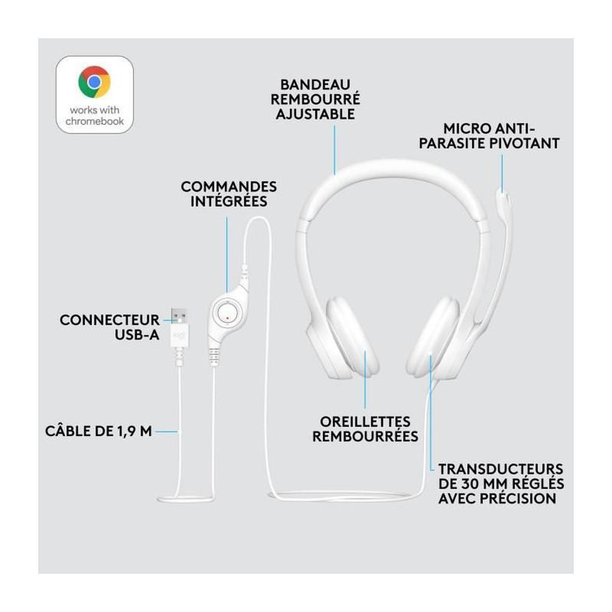 Voir la diapositive 6 : Logitech Logitech H390 Casque Filaire Stéréo avec Microphone Antibruit, USB-A - Blanc cassé