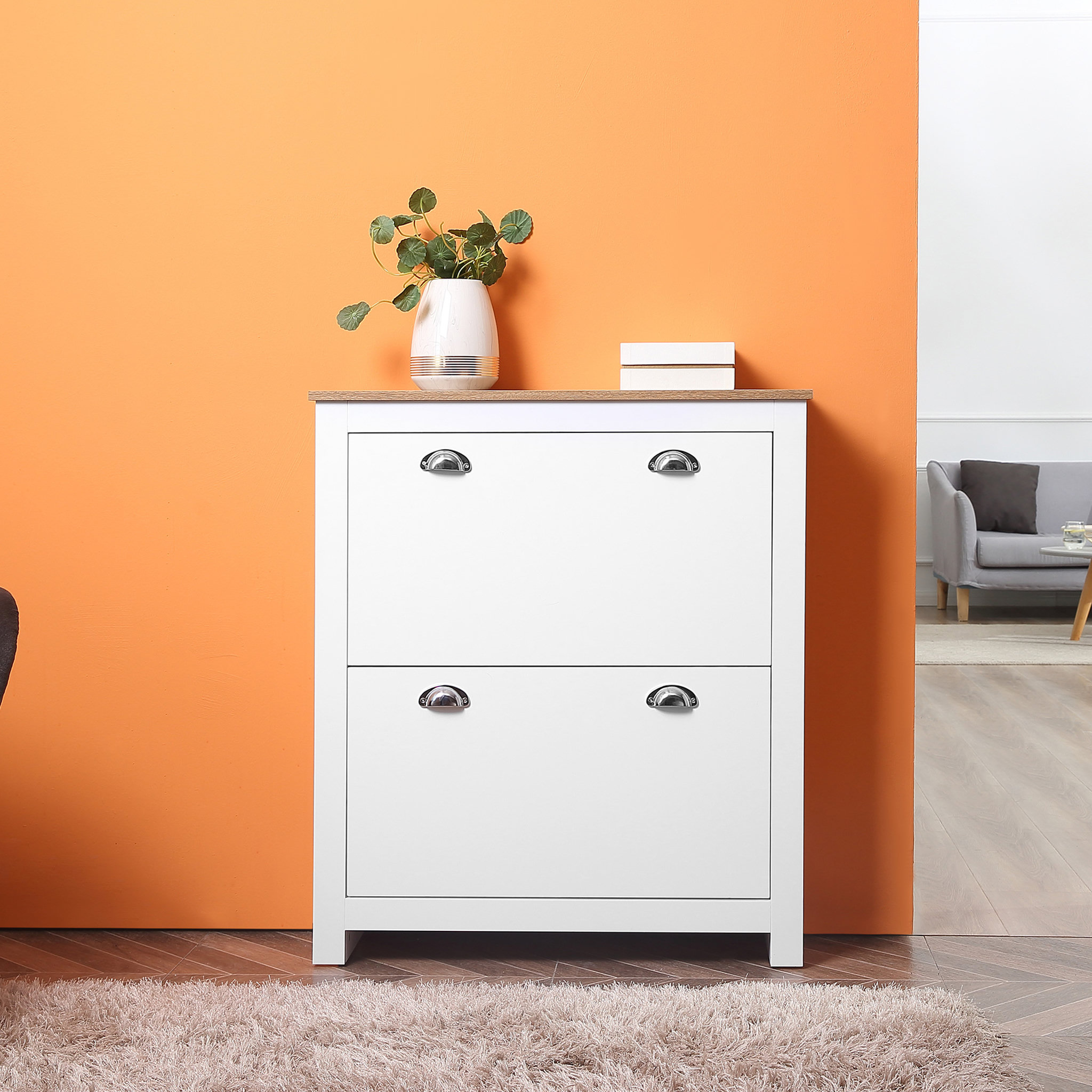 Voir la diapositive 2 : HOMCOM Armoire à chaussures 2 portes abattantes 2 compartiments poignées coquilles métal MDF blanc chêne clair