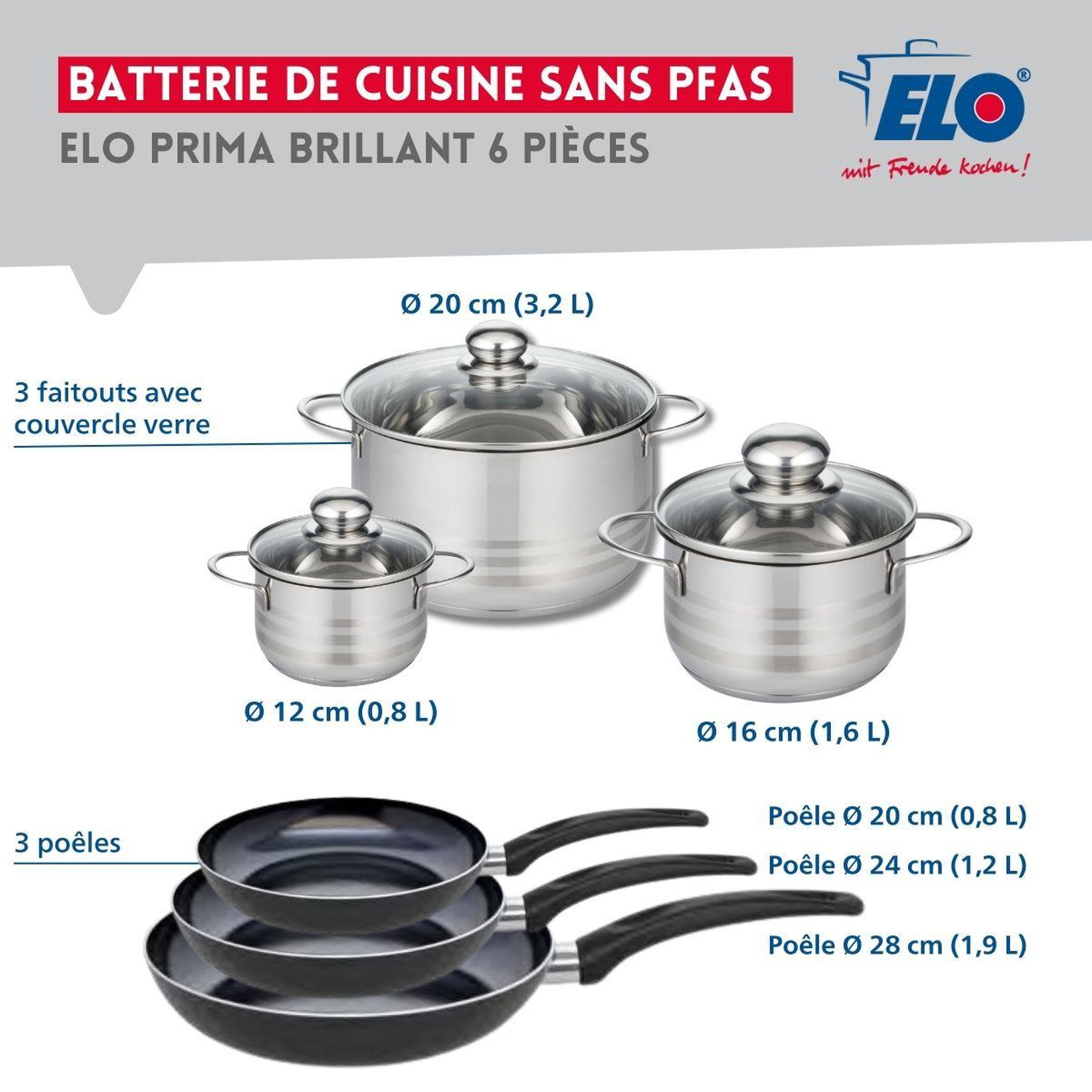 Voir la diapositive 2 : ELO Ensemble de 3 poêles de cuisson 20, 24 et 28 cm et 3 faitouts 12, 16 et 20 cm elo prima brillant