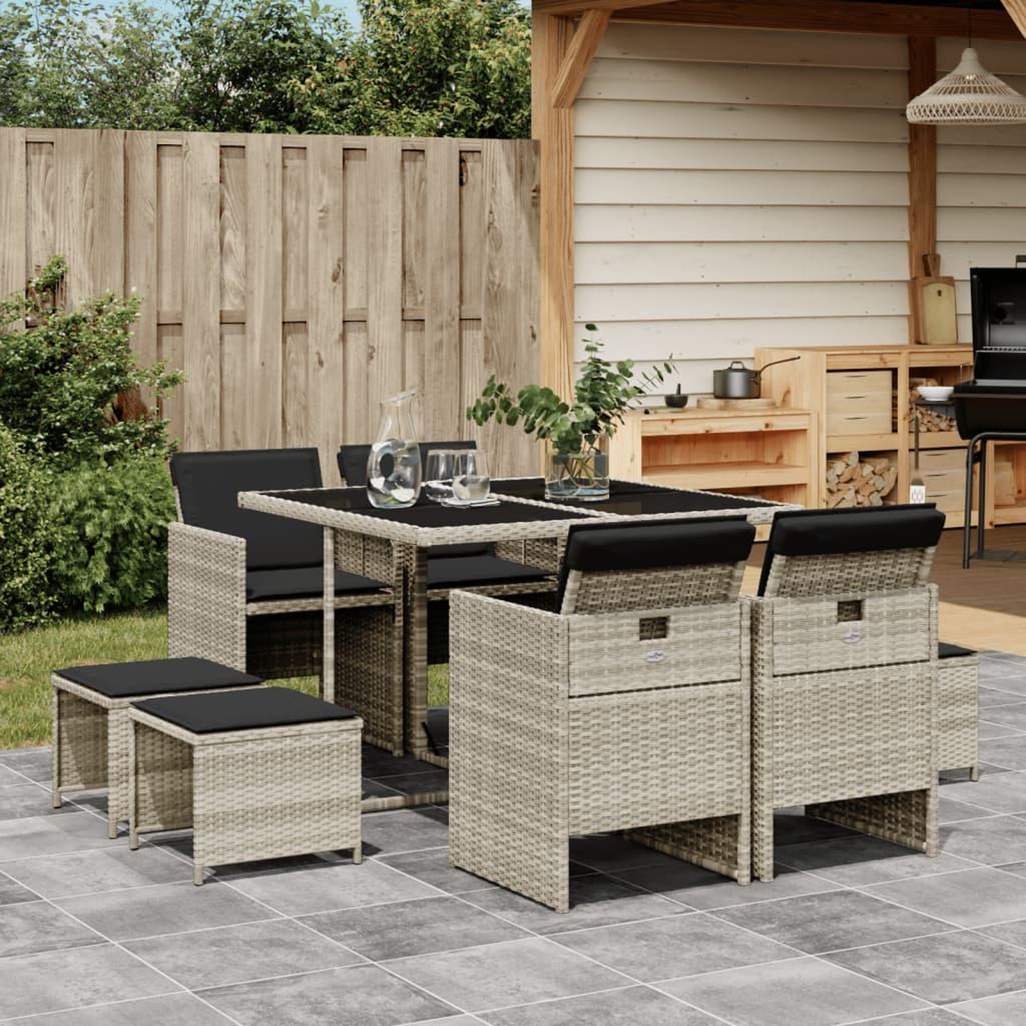 VIDAXL Ensemble a manger de jardin et coussins 9 pcs gris clair rotin