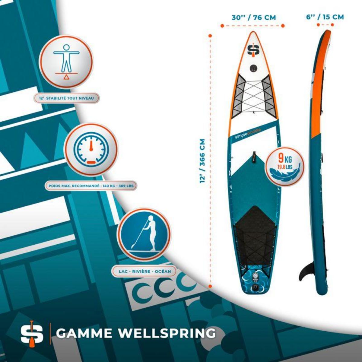SIMPLE PADDLE Paddle Gonflable RACE 12' 30'' 6  (340 x 76 x 15 cm) avec Pagaie, Leash, Pompe et Sac de Transport