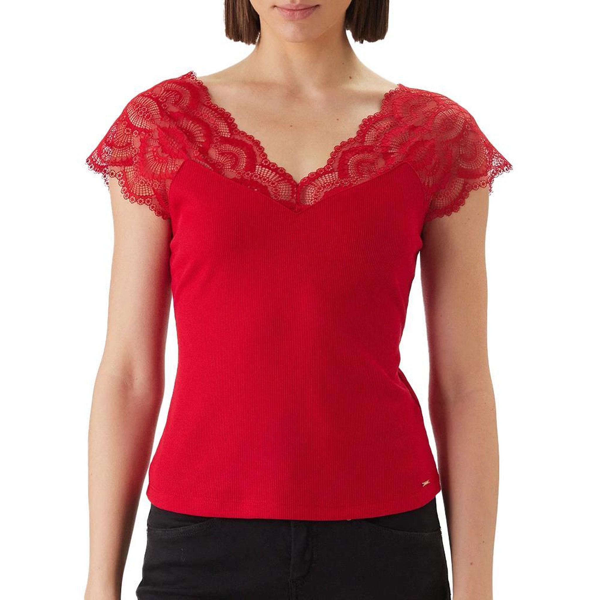 MORGAN T-Shirt Rouge Femme Morgan Dentelle. Coloris disponibles : Rouge