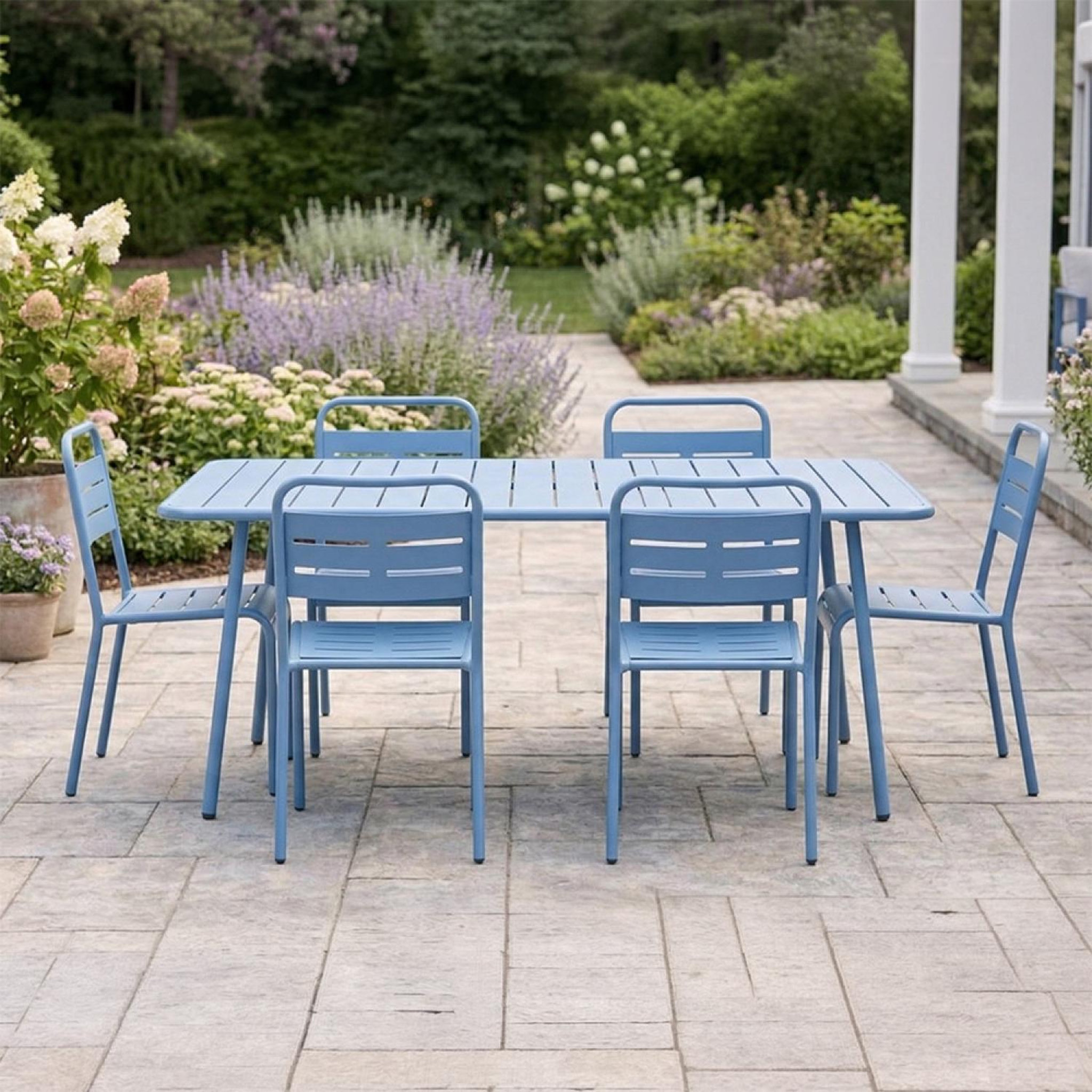 Voir la diapositive 6 : CONCEPT USINE Ensemble table de jardin 160 cm et 6 chaises bleu bergame
