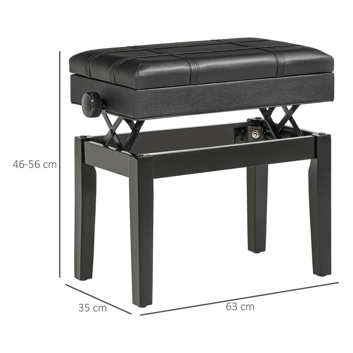 HOMCOM Banquette tabouret siège pour piano coffre intégré hauteur réglable bois hévéa assise revêtement synthétique noir