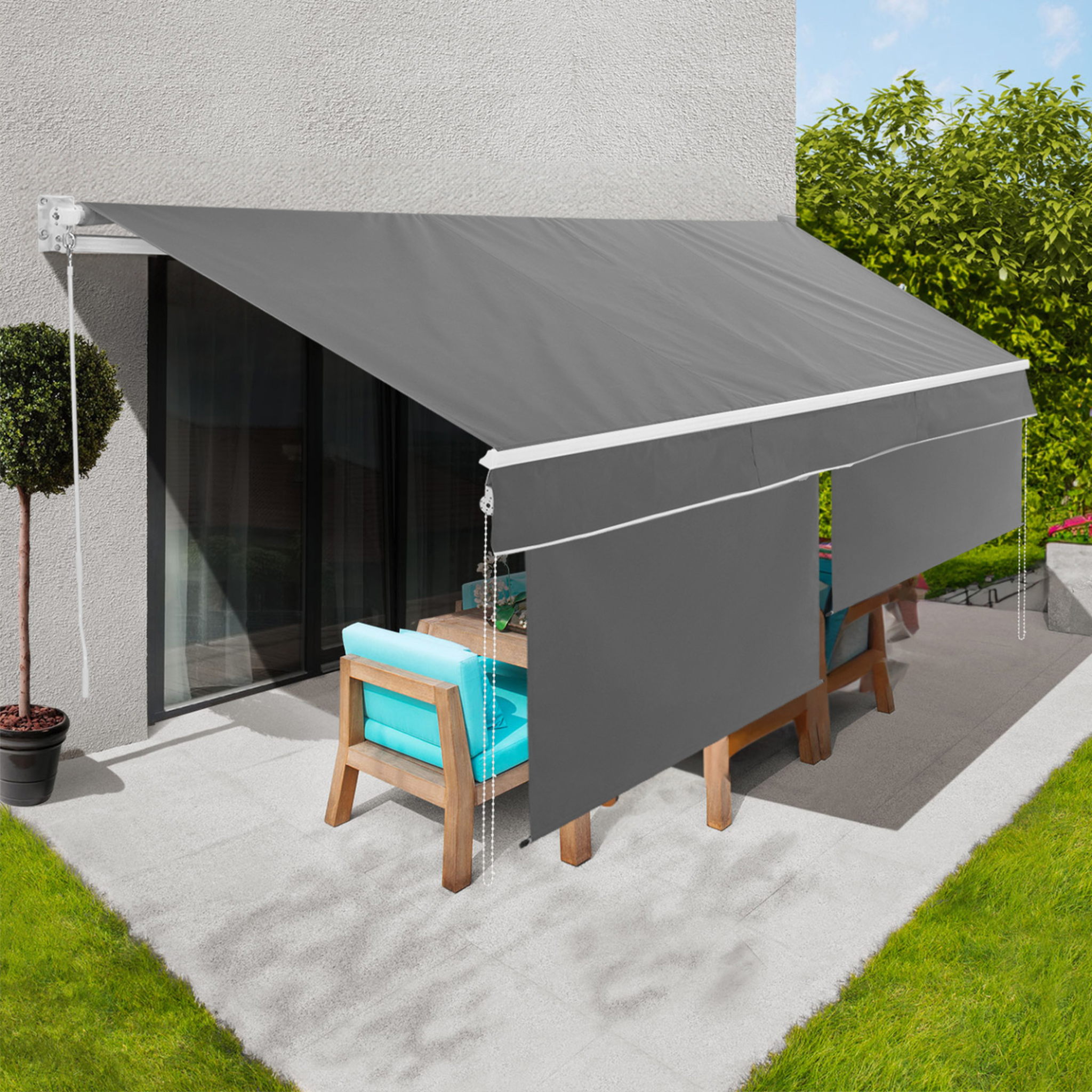 Voir la diapositive 2 : ID MARKET Store banne manuel 4x3 m gris anthracite lambrequin h.1,50 m