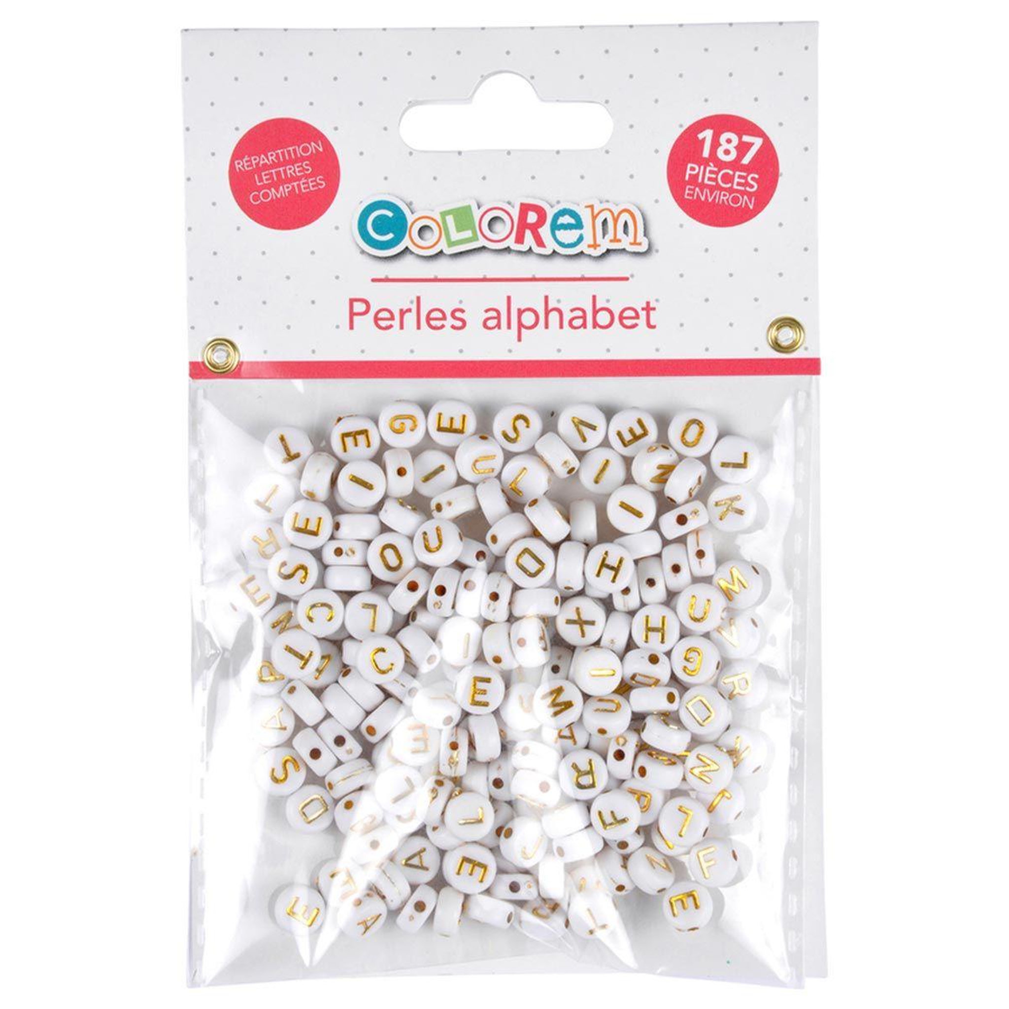 Voir la diapositive 2 : HOMEA Lot de 187 Perles Rondes  Alphabet  0,6cm Blanc & Or