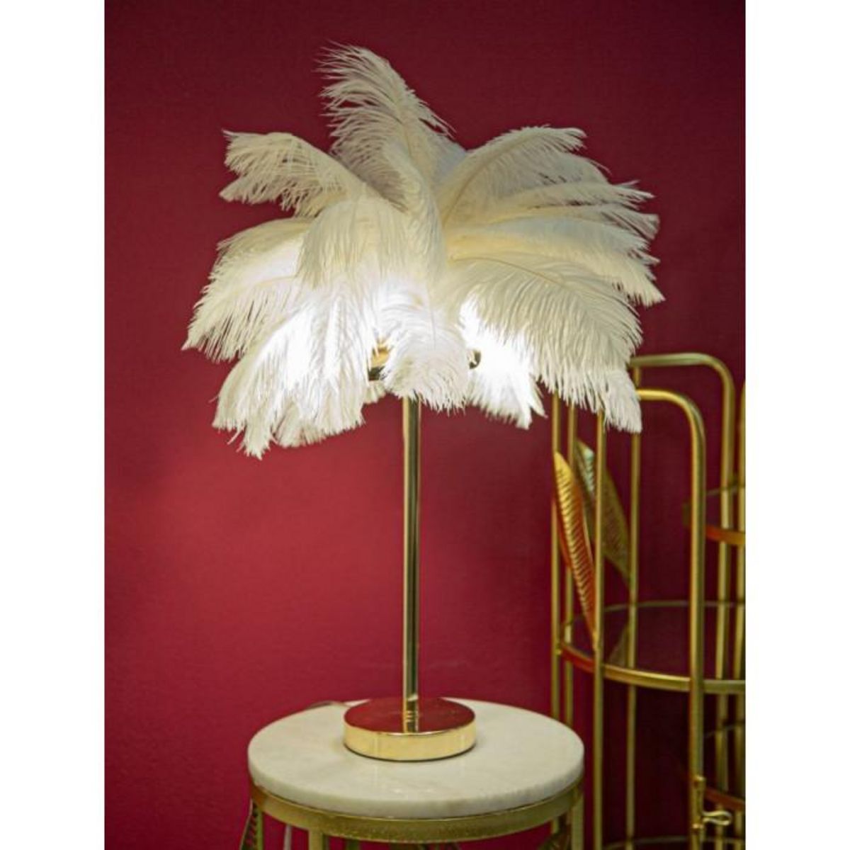 Paris Prix Lampe à Poser Imitation Plume  Palm  60cm Or & Blanc