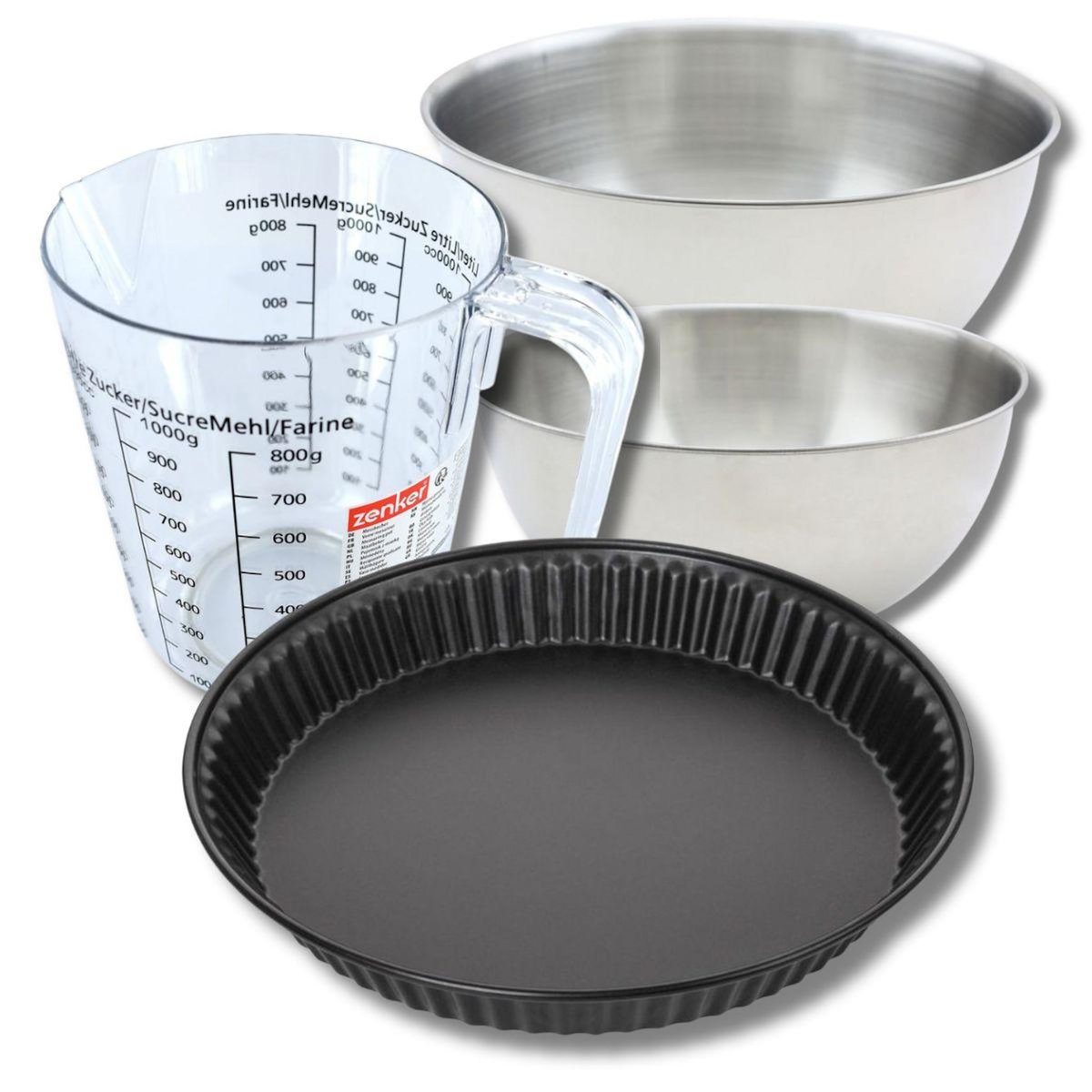 ZENKER Set pâtisserie avec moule à quiche lorraine 28 cm antiadhésif, 2 bols à mixer, verre mesureur et spatule Zenker