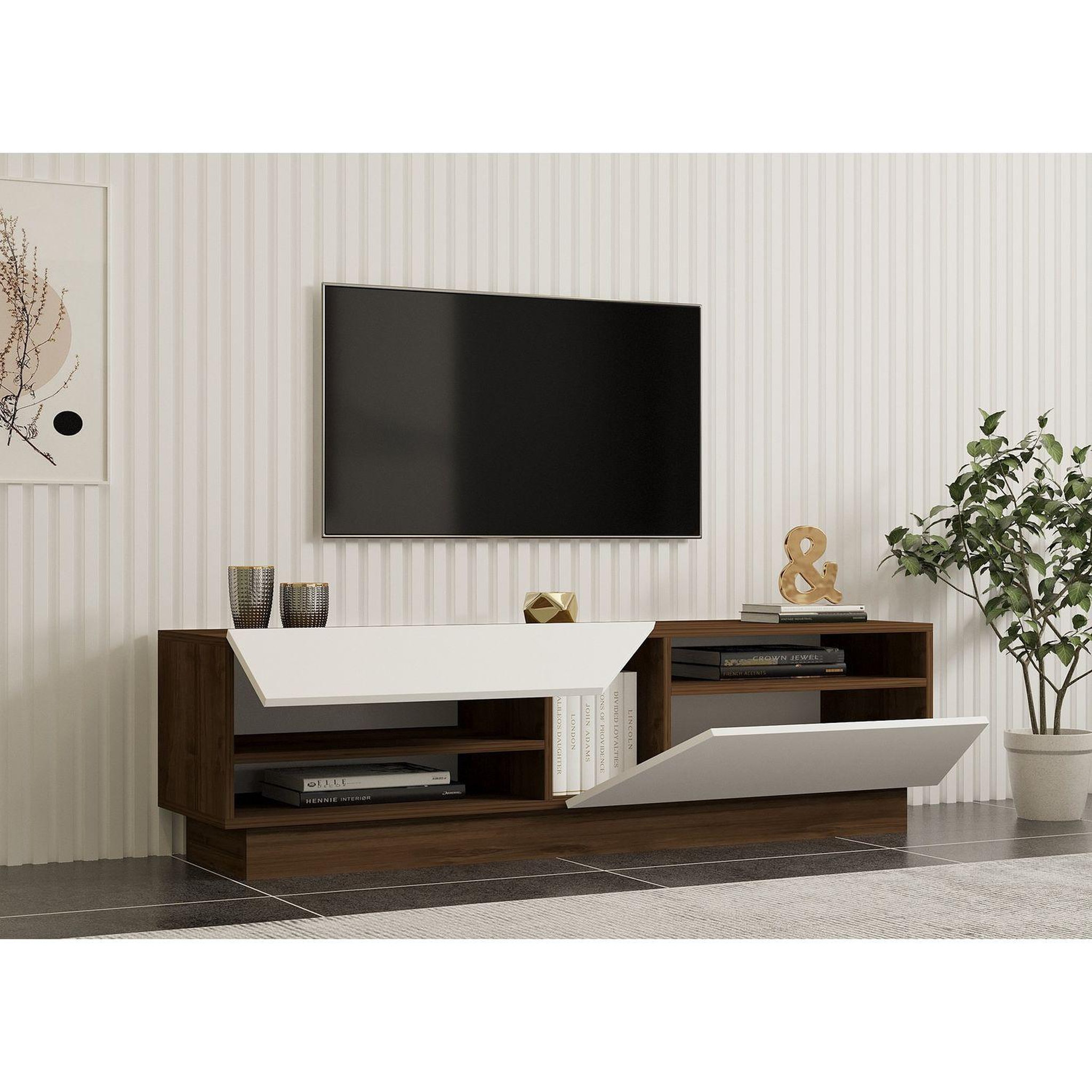 Voir la diapositive 2 : TOILINUX Meuble tv 2 portes basculantes effet bois eliott - marron et blanc