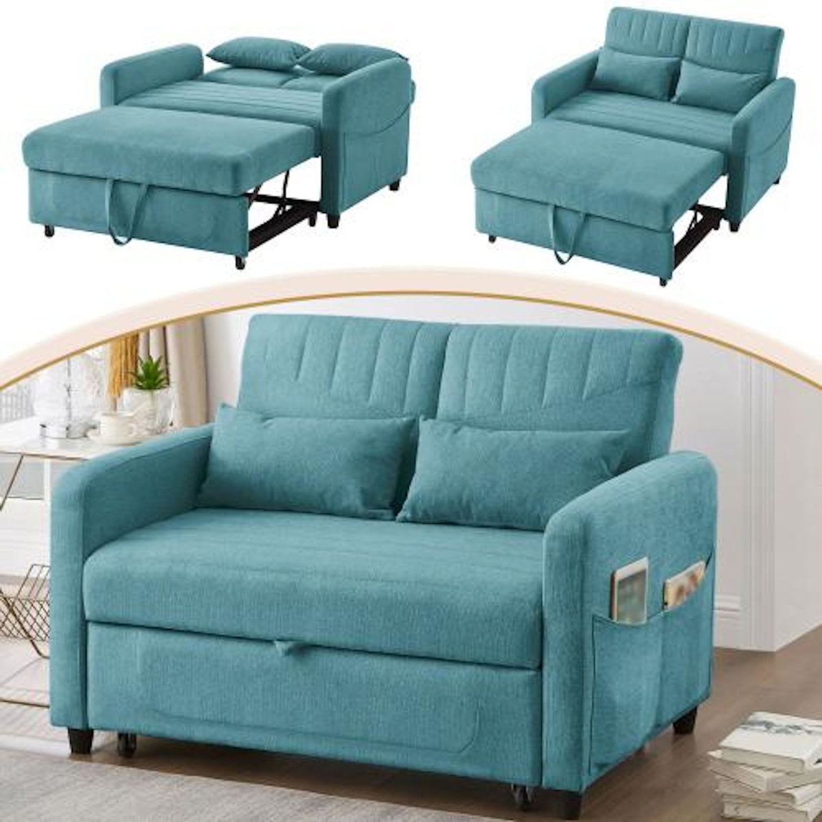 MERAX Canapé droit convertible 2 places coton et lin