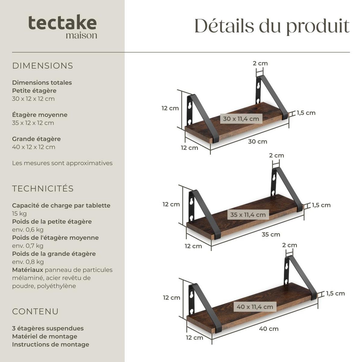 tectake Lot de 3 étagères murales design style industriel Bois foncé industriel, rustique