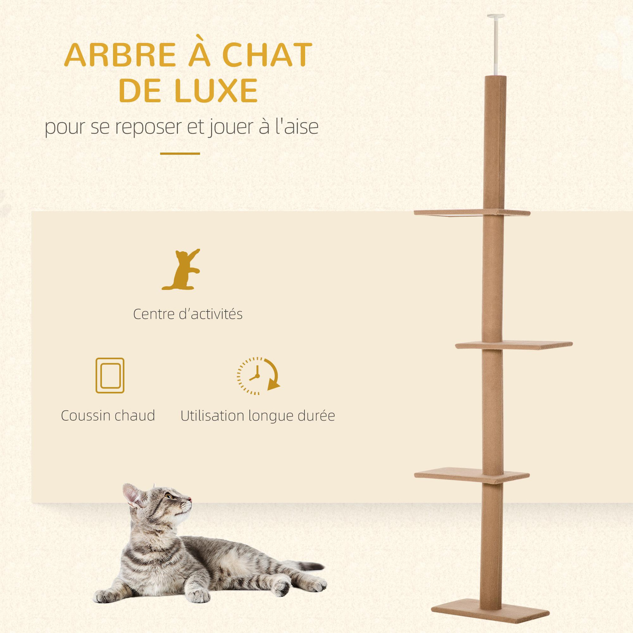 Voir la diapositive 4 : PAWHUT Arbre à chat poteau à griffer hauteur réglable dim. 43l x 27i x 228-260h cm 4 niveaux d'activités marron