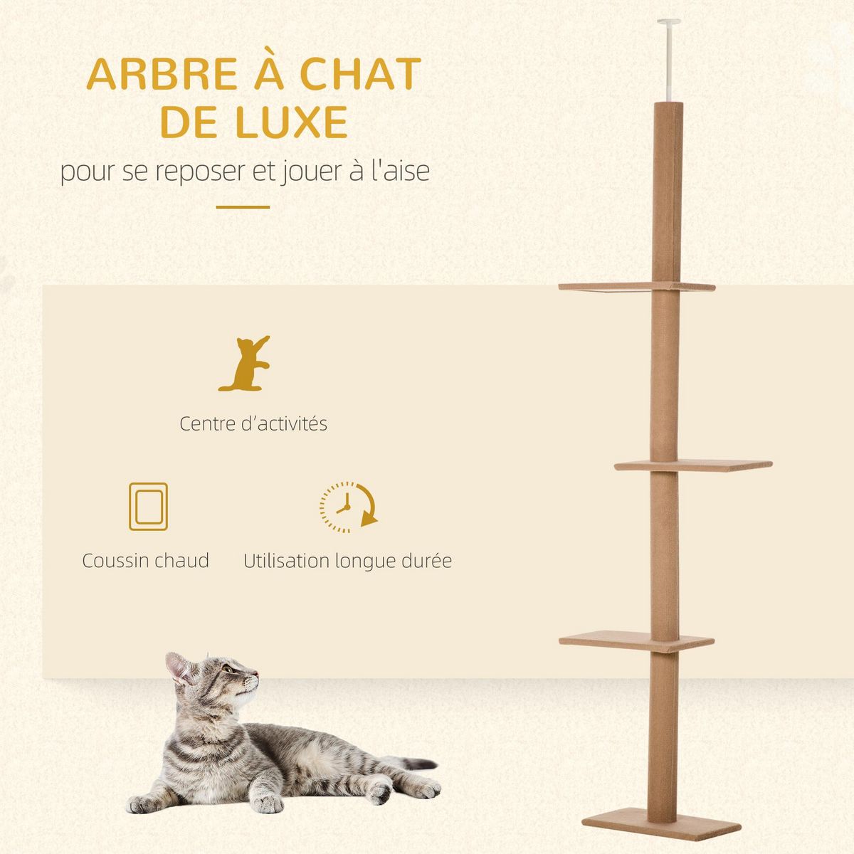 PAWHUT Arbre à chat poteau à griffer hauteur réglable dim. 43L x 27I x 228-260H cm 4 niveaux d'activités marron