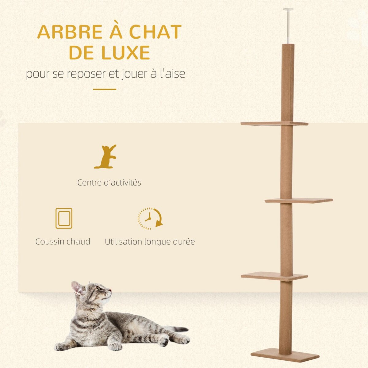 PAWHUT Arbre à chat poteau à griffer hauteur réglable dim. 43L x 27I x 228-260H cm 4 niveaux d'activités marron