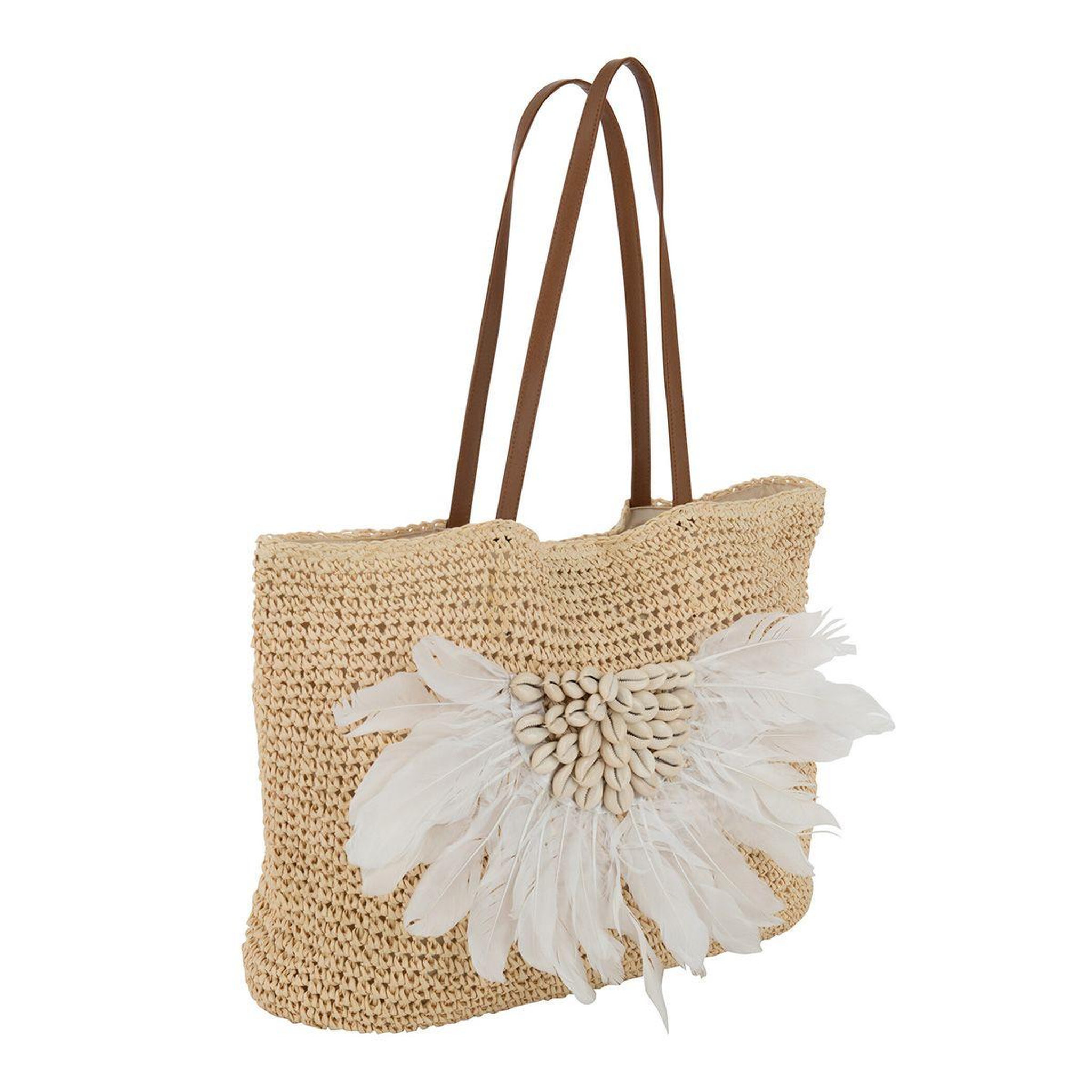 Voir la diapositive 1 : J-LINE Sac de plage coquillages & plumes  manel  34cm naturel