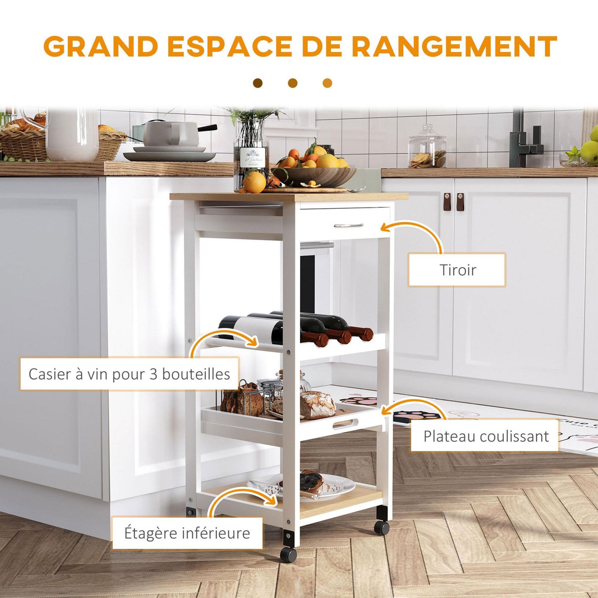HOMCOM Chariot de service desserte de cuisine à roulettes 2 étagères + plateau amovible + tiroir bois de pin MDF