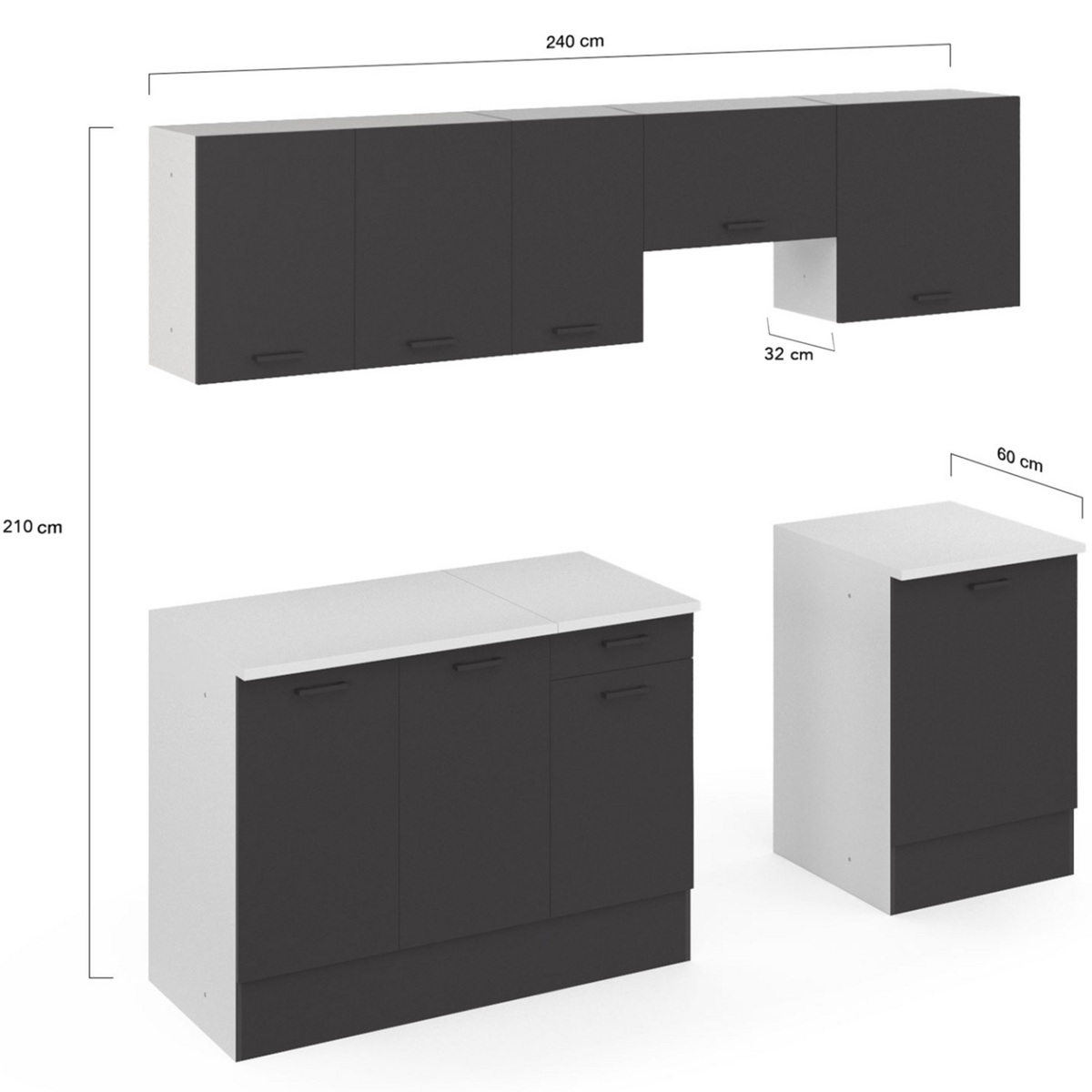 ID MARKET Cuisine complète 240 cm SUBTIL avec plan de travail 7 éléments blanc et gris