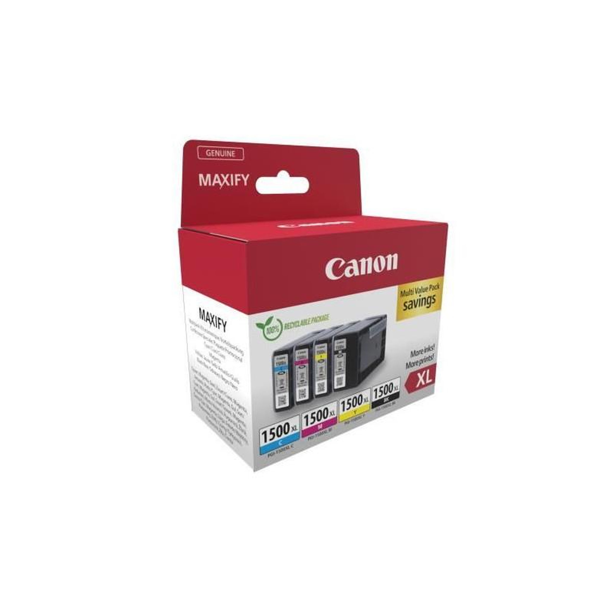 Voir la diapositive 2 : Canon Multipack cartouches d'encre - CANON - PGI-1500XL Noir/Cyan/Magenta/Jaune - Haut rendement