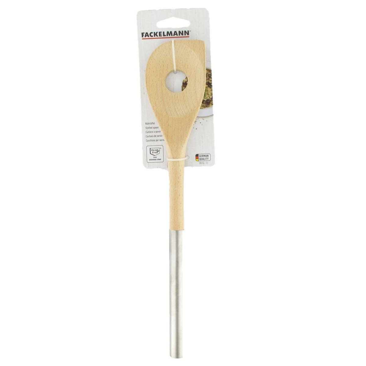 Fackelmann Cuillère en bois biseautée avec un trou manche inox 34 cm Fackelmann Boissellerie