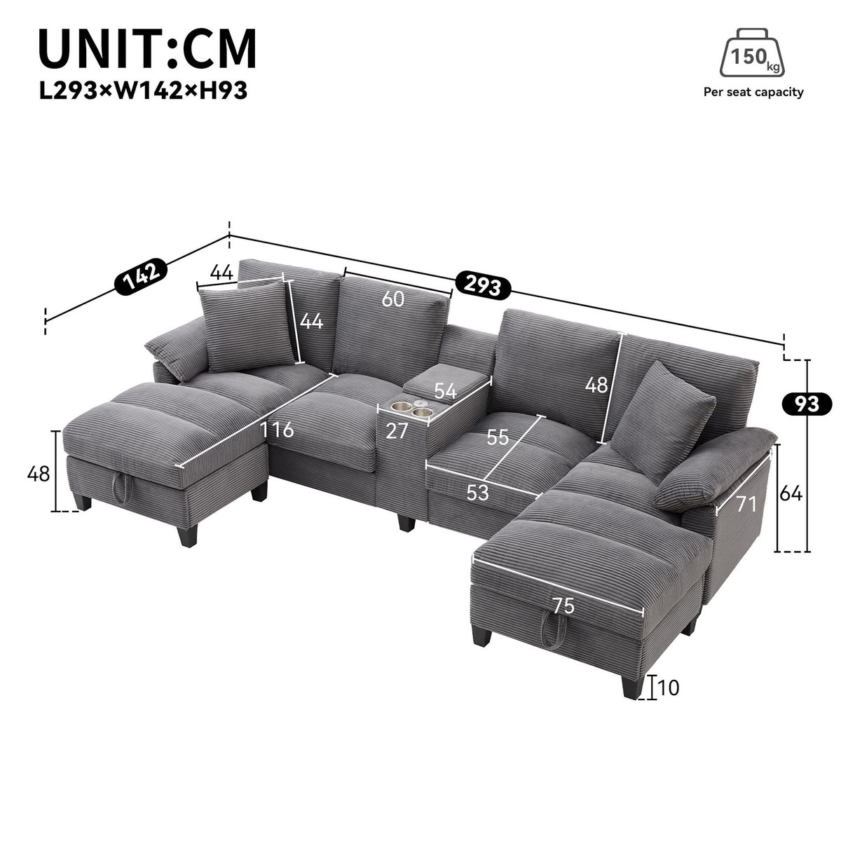 MERAX Canapé d'angle panoramique fixe 4 places tissu