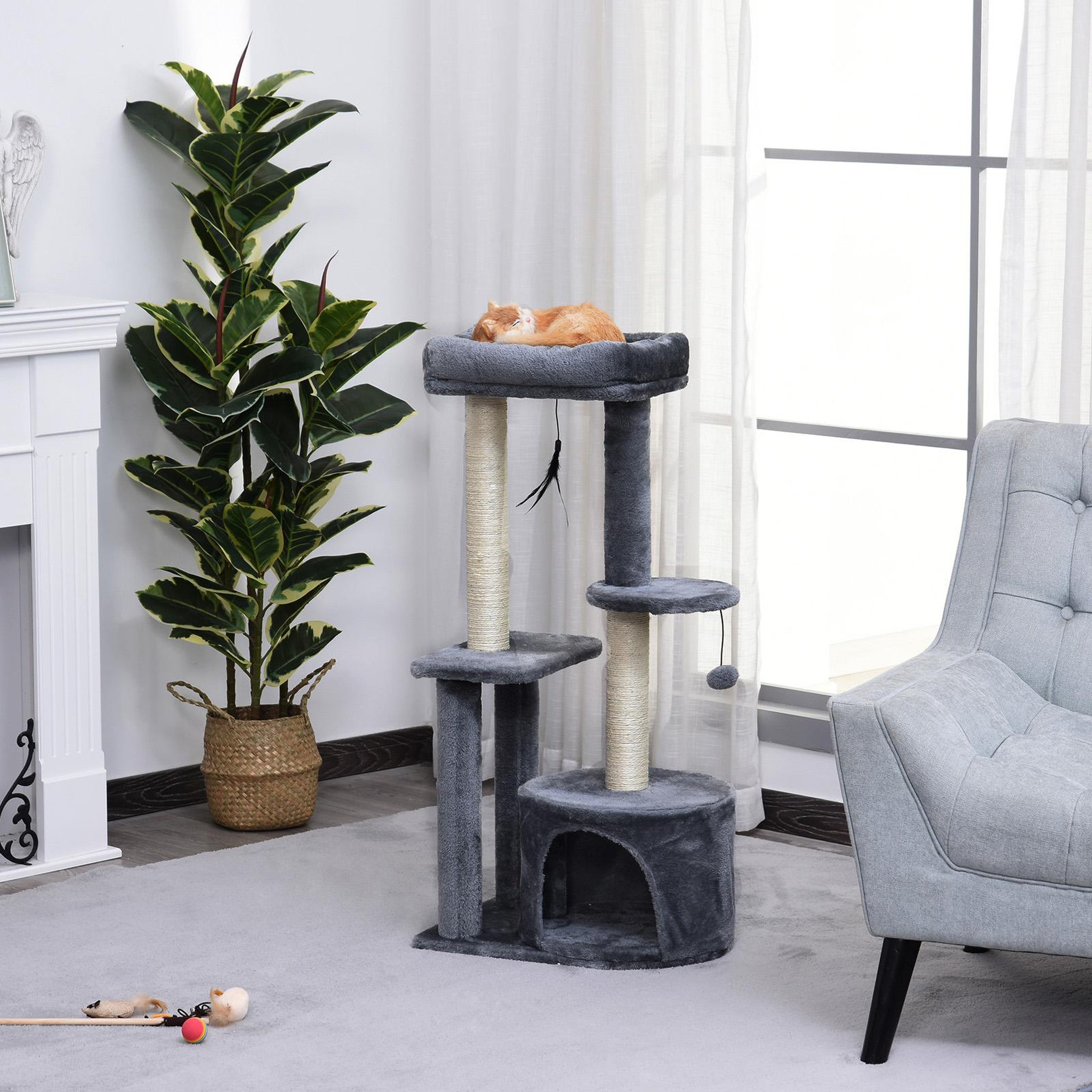 Voir la diapositive 2 : PAWHUT Arbre à chats avec griffoirs grattoirs sisal naturel centre d'activités niche plateformes 2 jouets suspendus gris