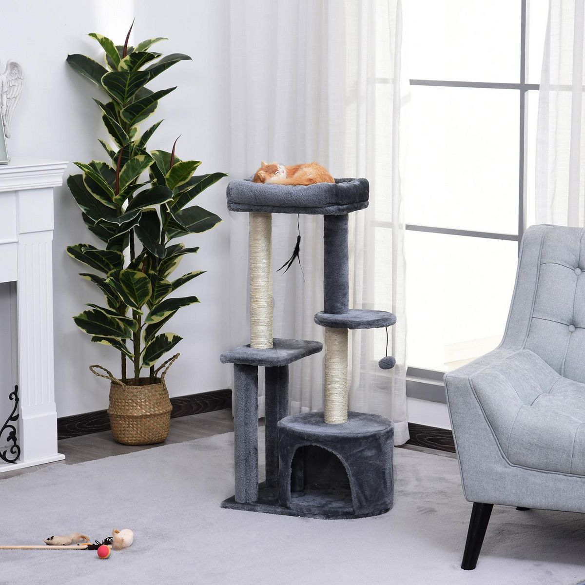 PAWHUT Arbre à chats avec griffoirs grattoirs sisal naturel centre d'activités niche plateformes 2 jouets suspendus gris