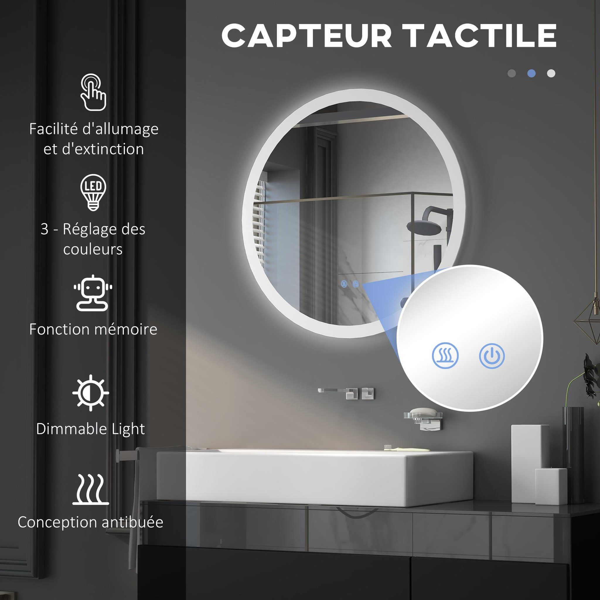 Voir la diapositive 4 : KLEANKIN Miroir rond lumineux led de salle de bain ø 70 cm mural avec éclairage 3 couleurs interrupteur tactile système antibuée 35w blanc argent