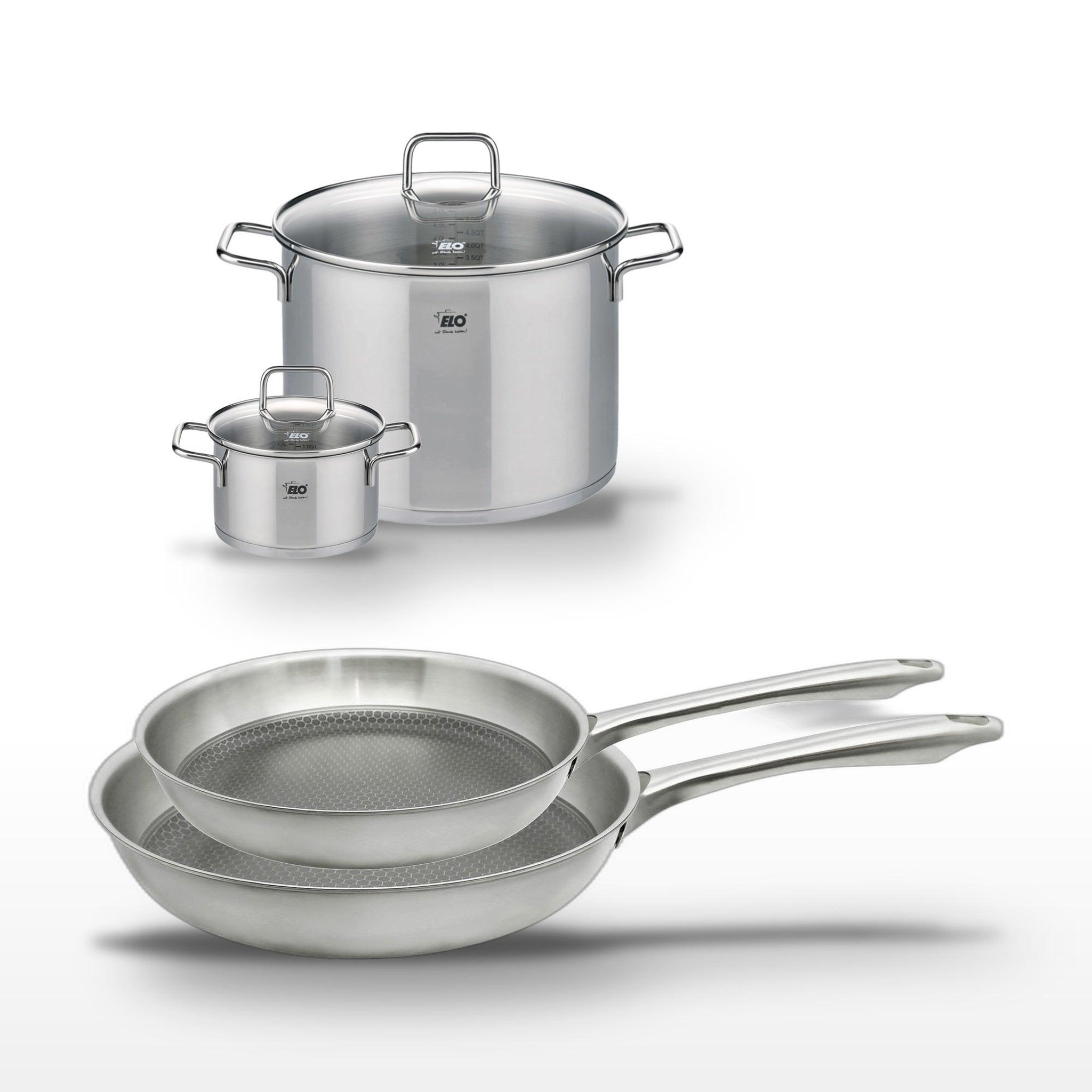 ELO Lot de 2 poêles 24/28cm et 2 faitouts 16/26cm elo relief passion