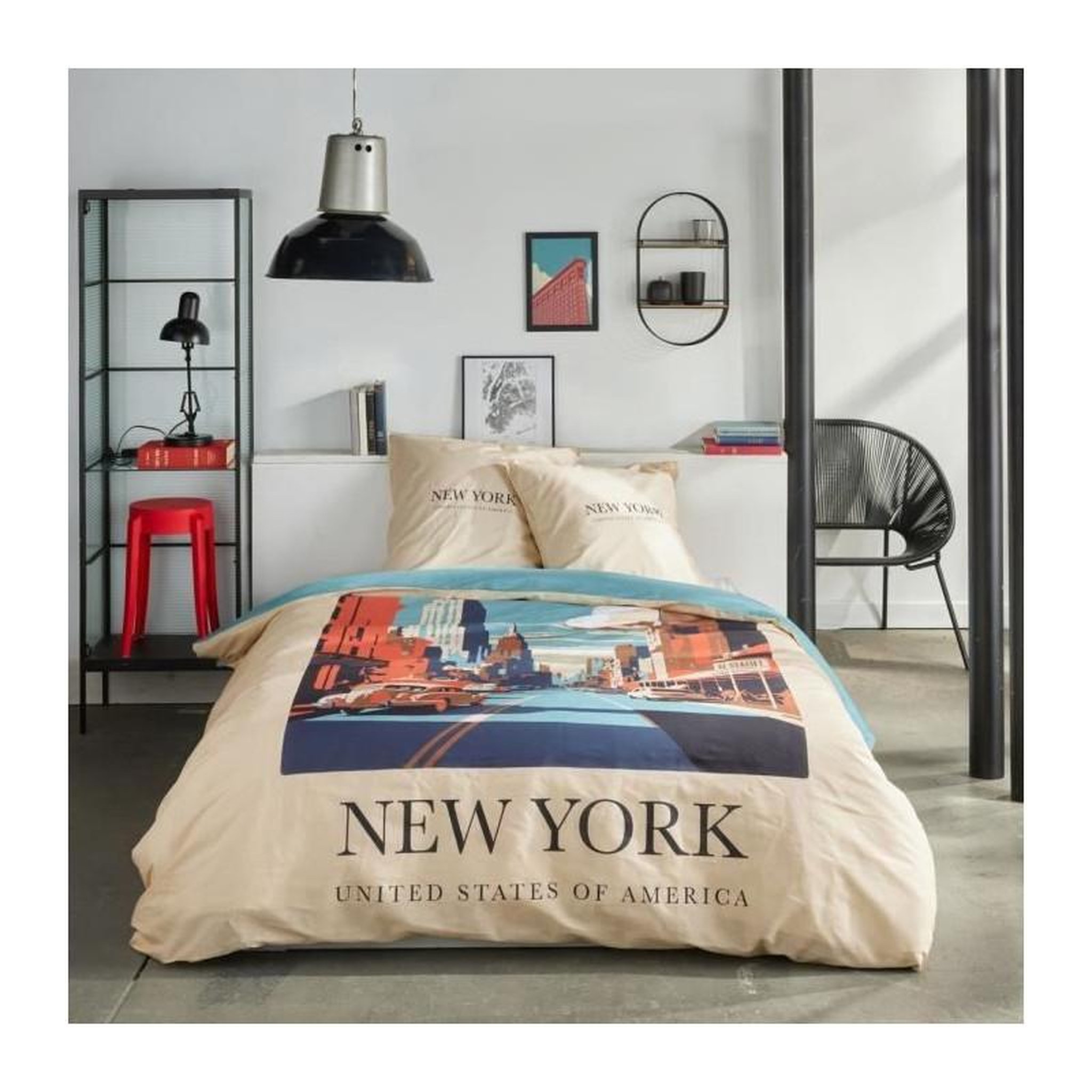 Today Parure de lit - TODAY - JAVA - 2 personnes - 240x220 cm - Coton - Imprimé New York - Beige