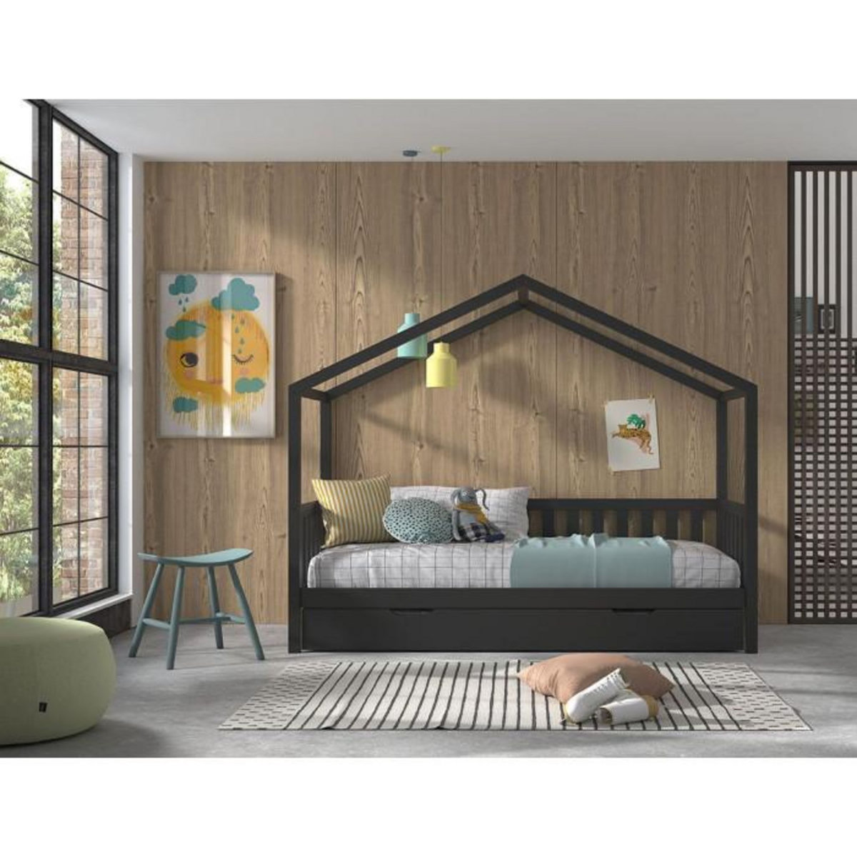 Paris Prix Lit Cabane Enfant & Tiroir  Dallas  90x200cm Anthracite