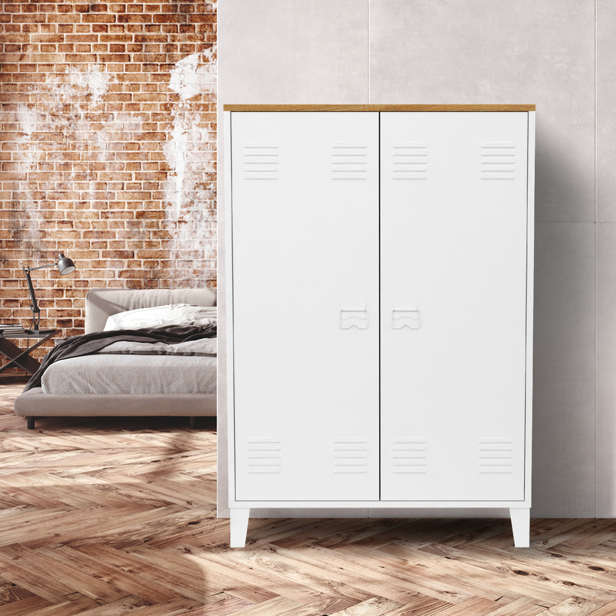 Voir la diapositive 2 : ID MARKET Armoire basse ester 2 portes métal blanc et plateau bois design industriel