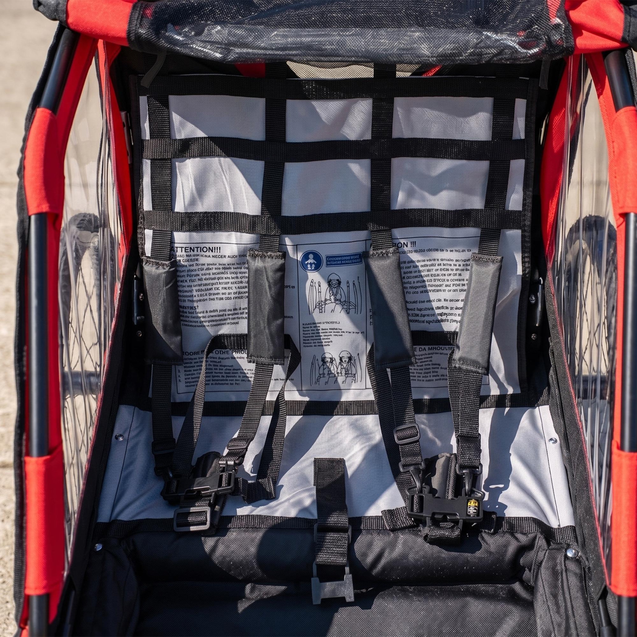 Voir la diapositive 4 : HOMCOM Remorque vélo jogger 2 en 1 pour enfant drapeau roue avant pivotante réflecteurs et barre d'attelage inclus rouge noir