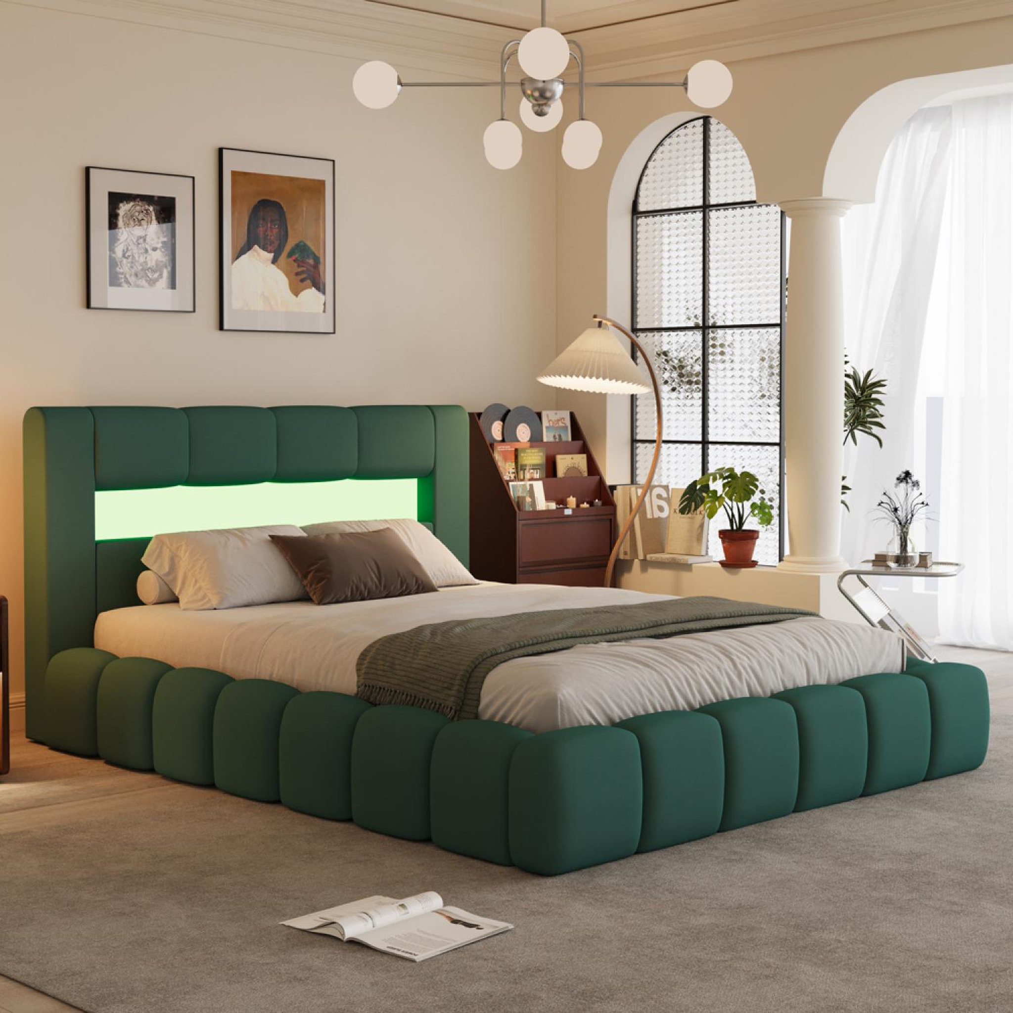 Voir la diapositive 4 : CONCEPT USINE Lit coffre style nuage led 140x190cm velours vert omaha