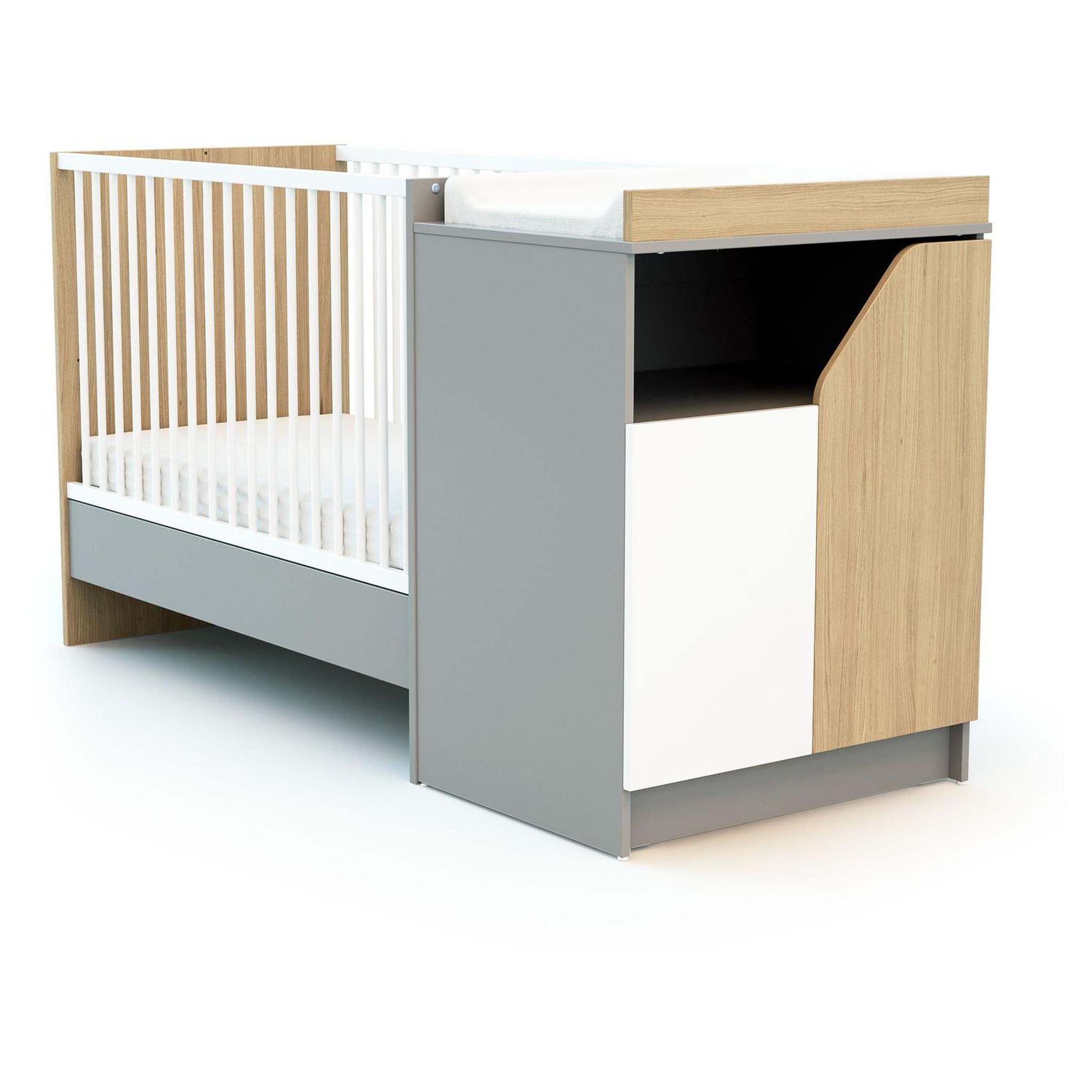 AT4 Lit bébé combiné 60x120 cm évolutif en 90x190 cm CARNAVAL Blanc, Gris et Chêne